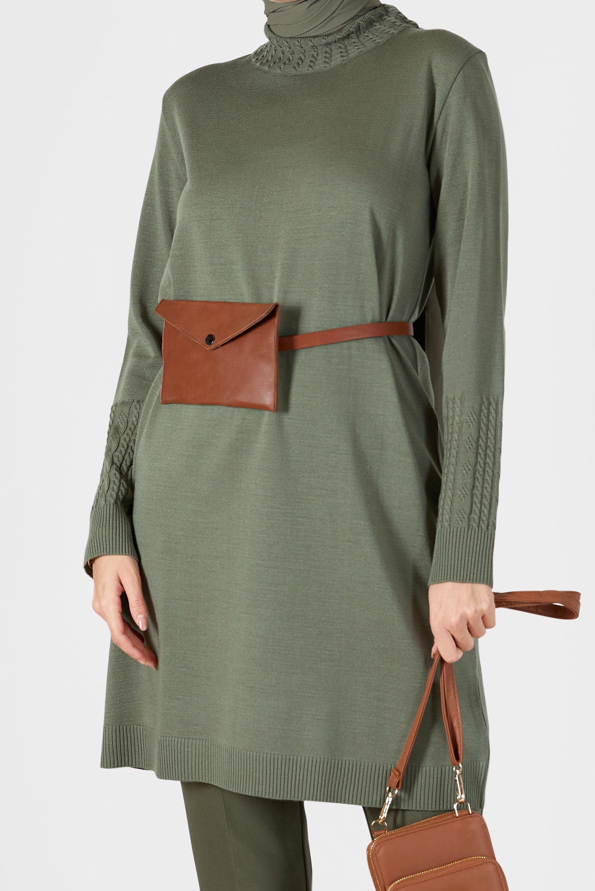 Tesettür giyim YEŞİL KOL UCU ÖRGÜ DETAYLI TRİKO TUNİK 42006 