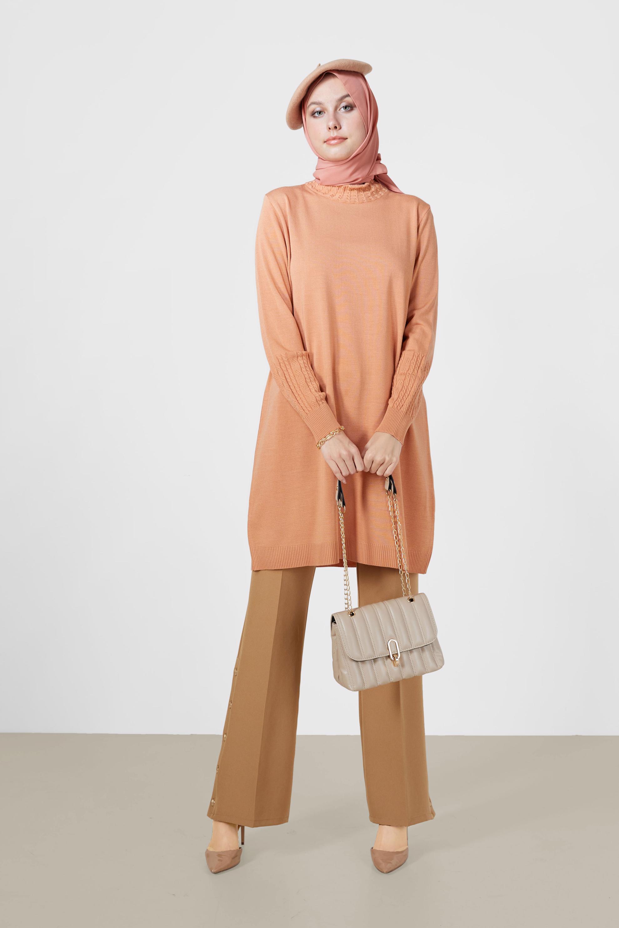 Tesettür giyim PEMBE KOL UCU ÖRGÜ DETAYLI TRİKO TUNİK 42006 