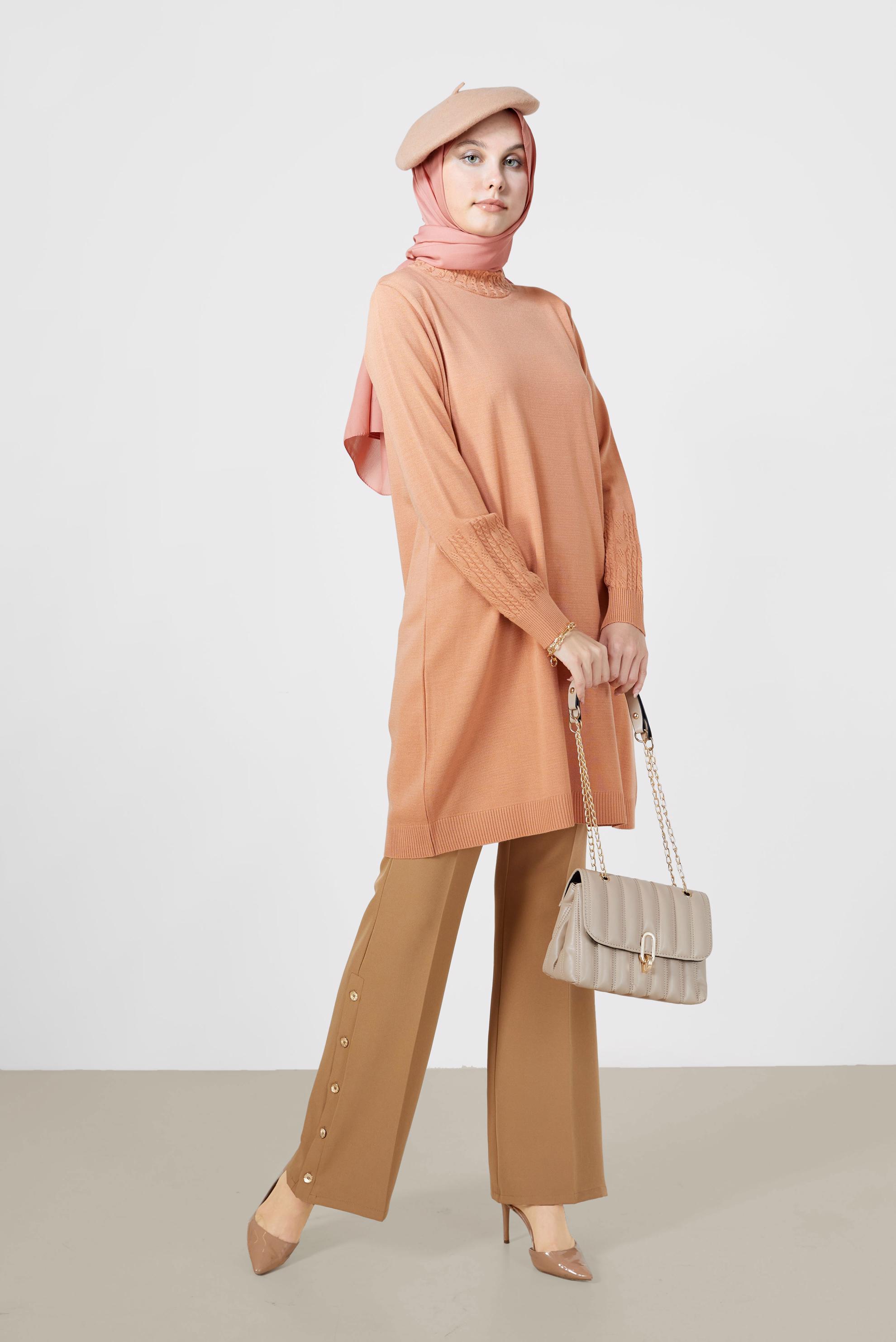 Tesettür giyim PEMBE KOL UCU ÖRGÜ DETAYLI TRİKO TUNİK 42006 