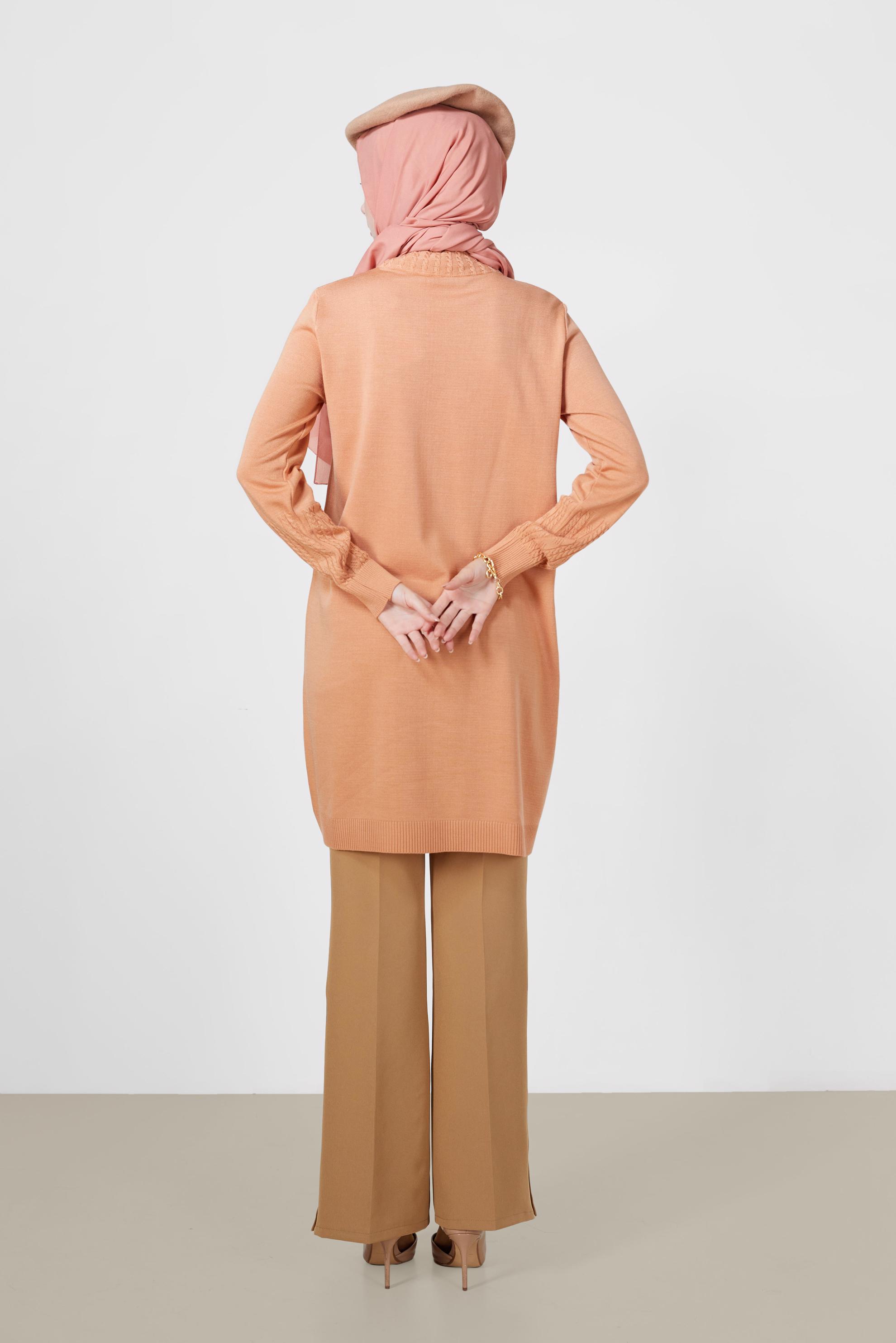 Tesettür giyim PEMBE KOL UCU ÖRGÜ DETAYLI TRİKO TUNİK 42006 