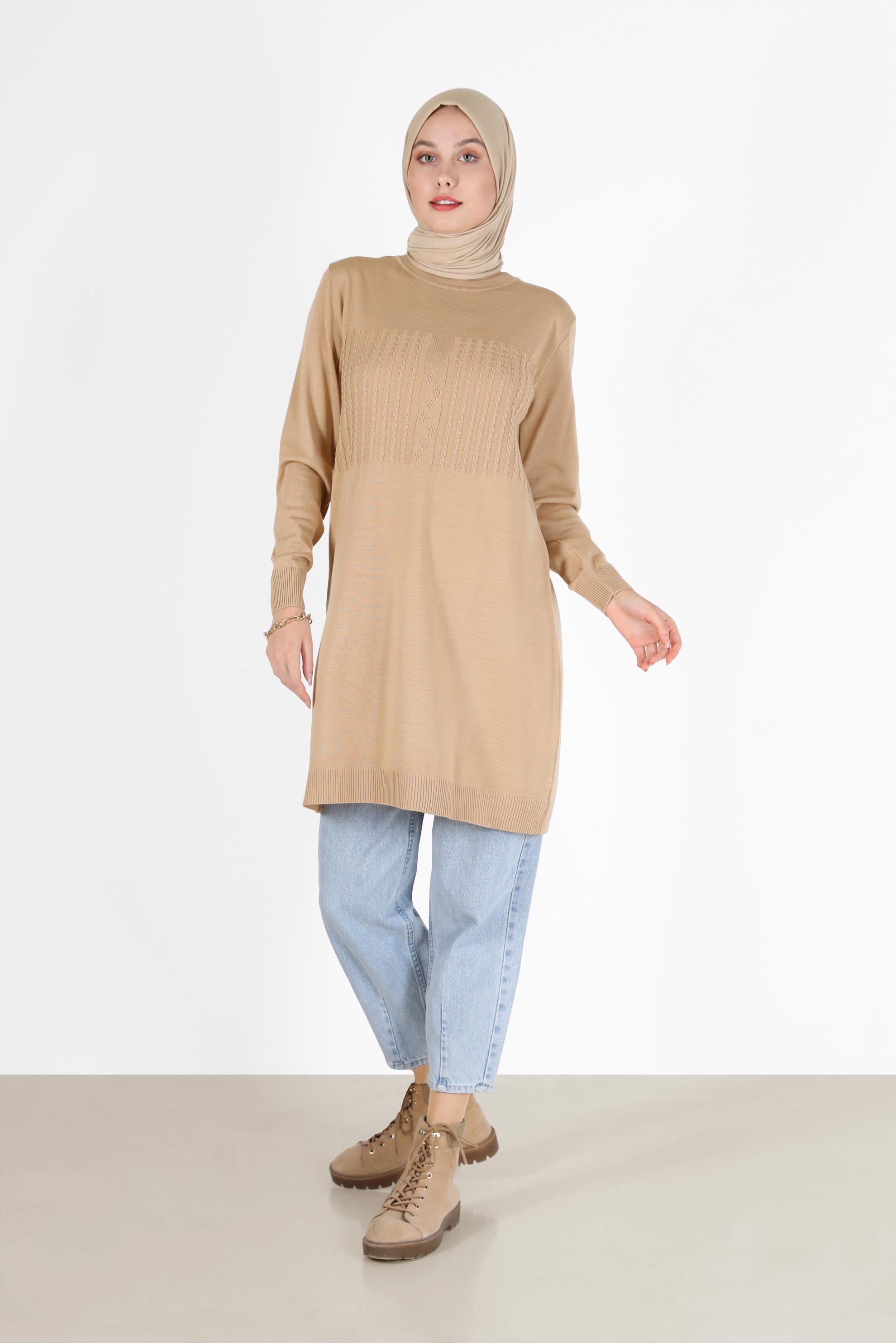 Tesettür giyim BEJ KENDİNDEN DESENLİ TRİKO TUNİK 42007	