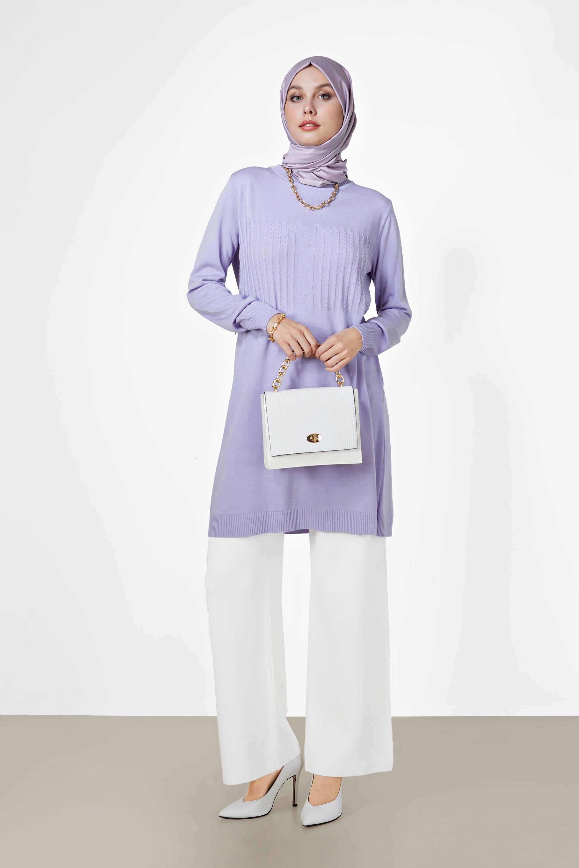 Tesettür giyim MOR KENDİNDEN DESENLİ TRİKO TUNİK 42007	