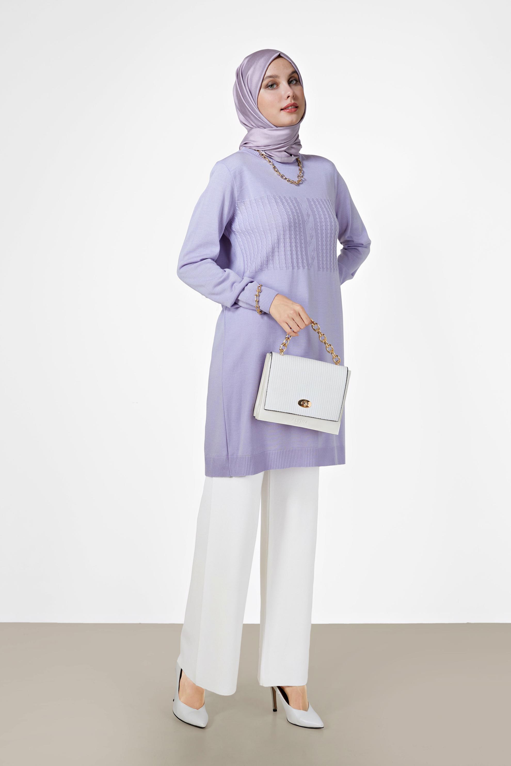 Tesettür giyim MOR KENDİNDEN DESENLİ TRİKO TUNİK 42007	