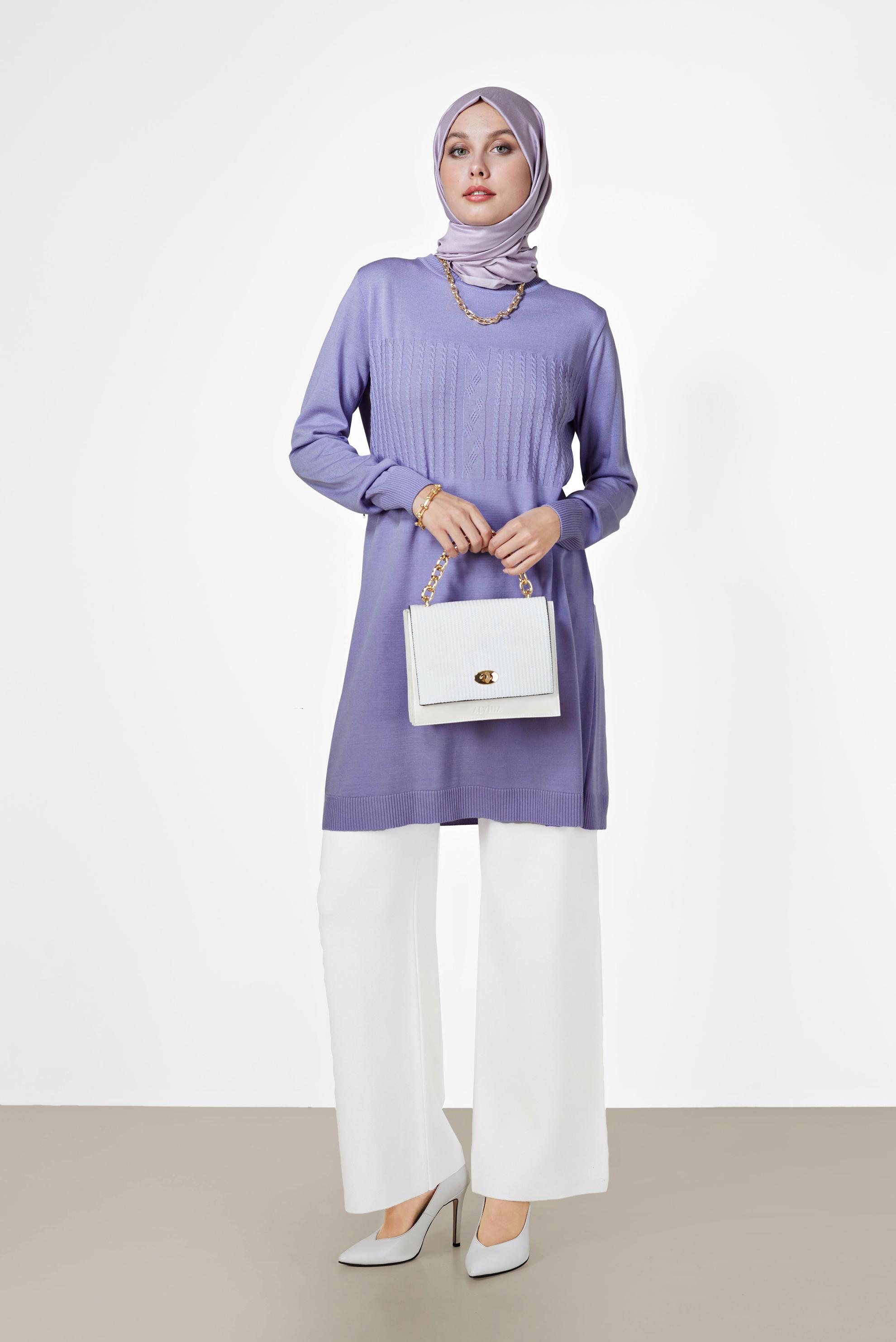 Tesettür giyim MOR KENDİNDEN DESENLİ TRİKO TUNİK 42007	