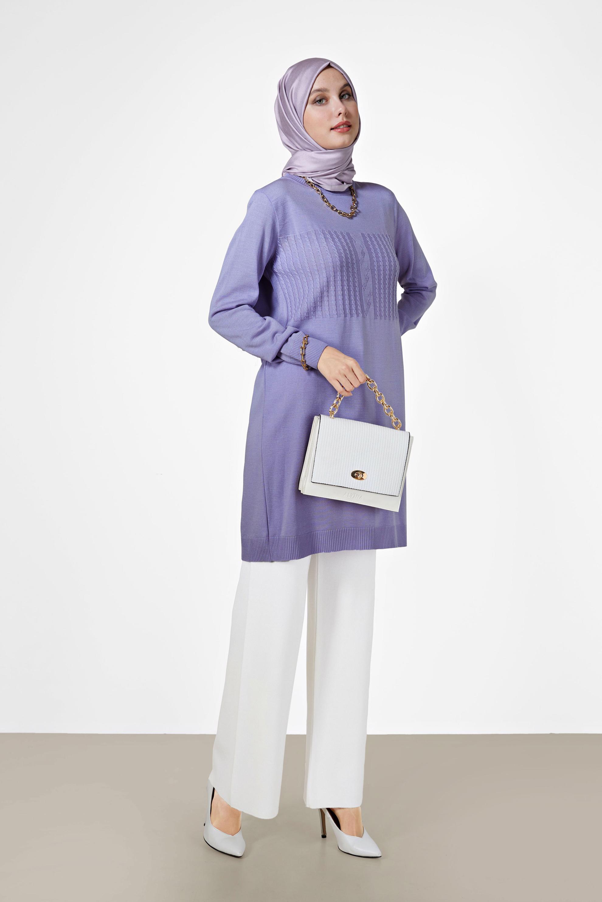 Tesettür giyim MOR KENDİNDEN DESENLİ TRİKO TUNİK 42007	