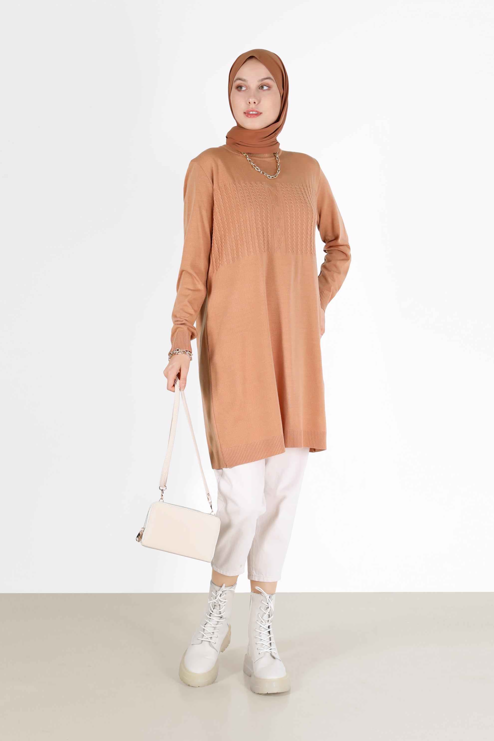 Tesettür giyim PEMBE KENDİNDEN DESENLİ TRİKO TUNİK 42007	