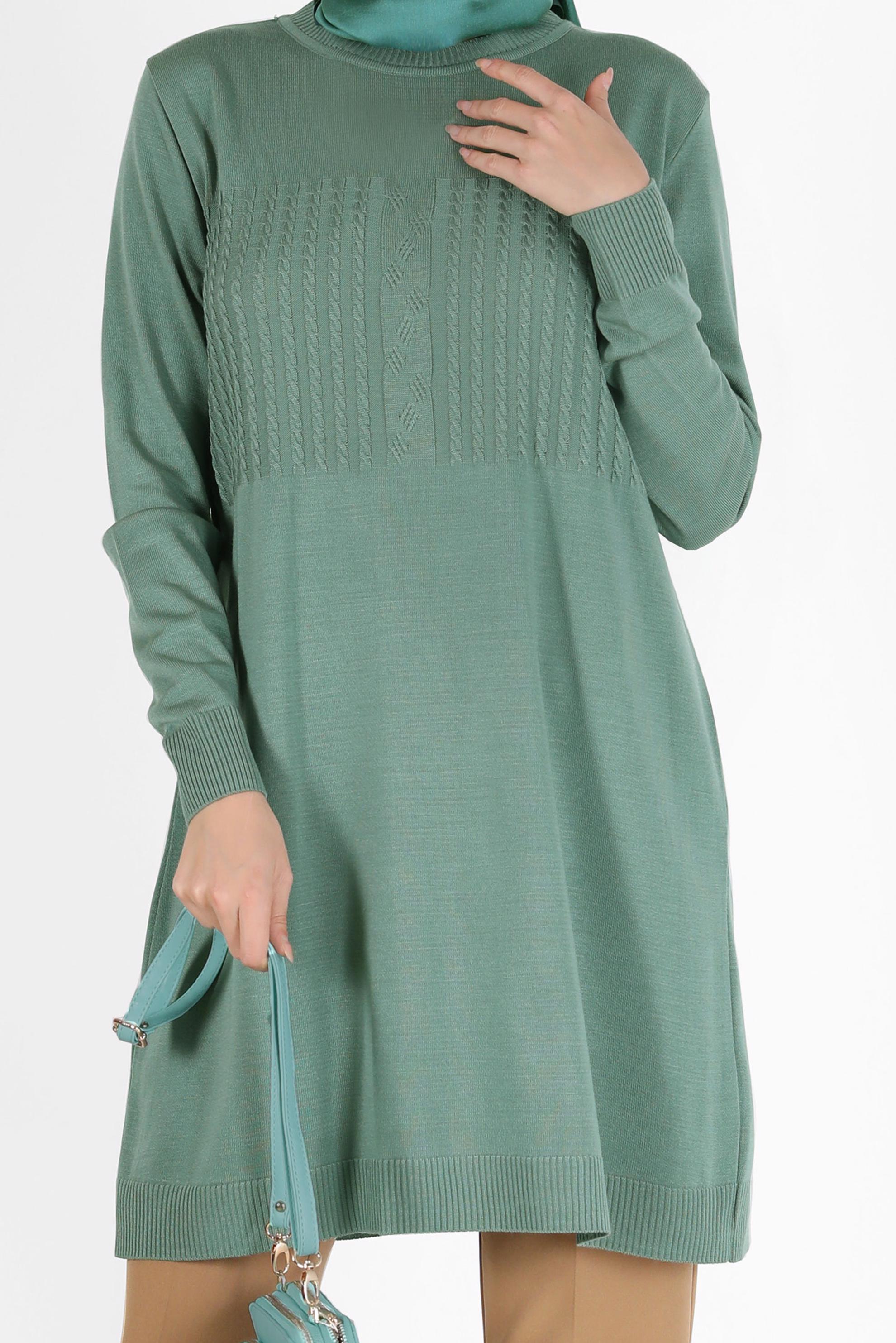 Tesettür giyim YEŞİL KENDİNDEN DESENLİ TRİKO TUNİK 42007	