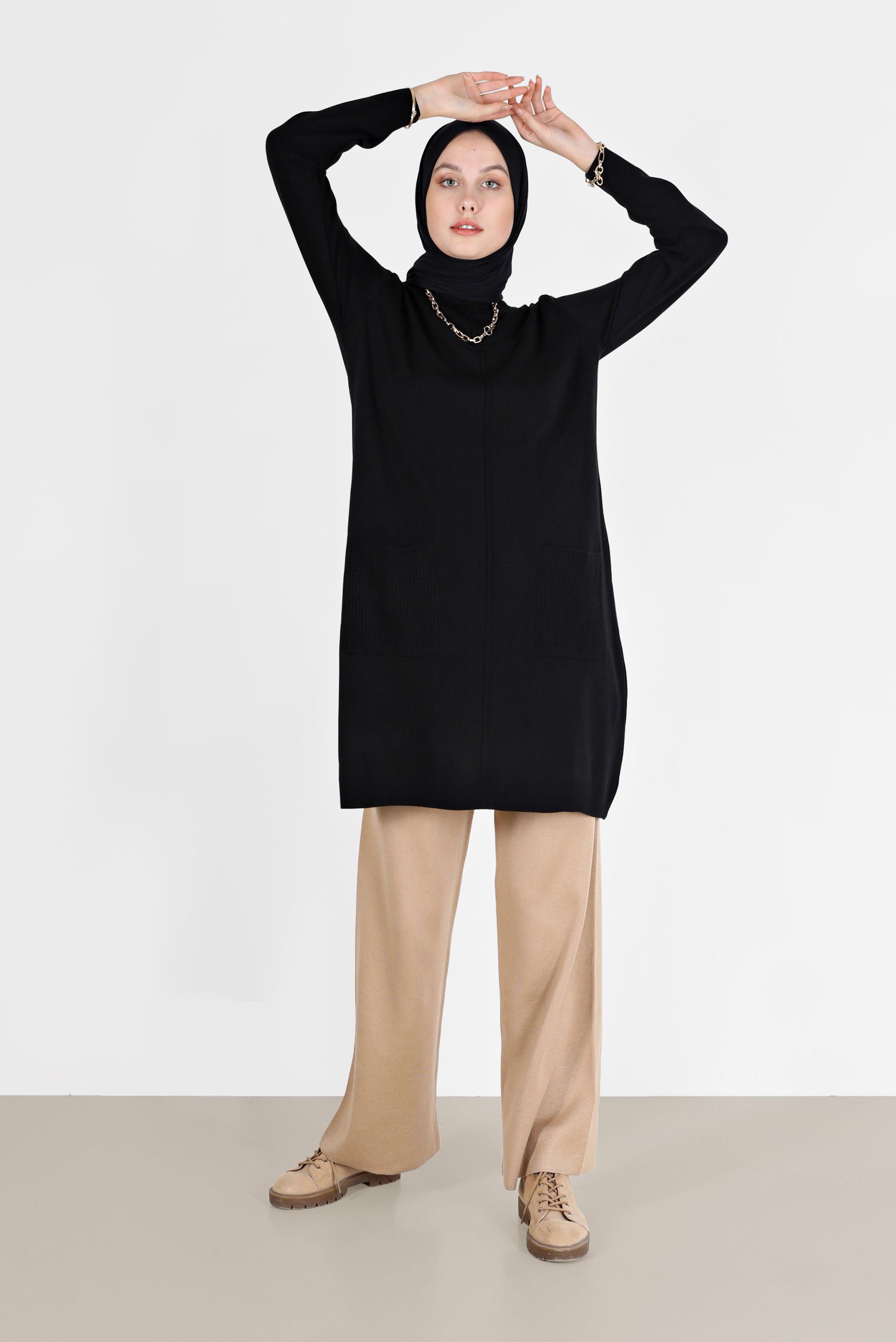 Tesettür giyim SİYAH CEP DETAYLI TRİKO TUNİK 42008 