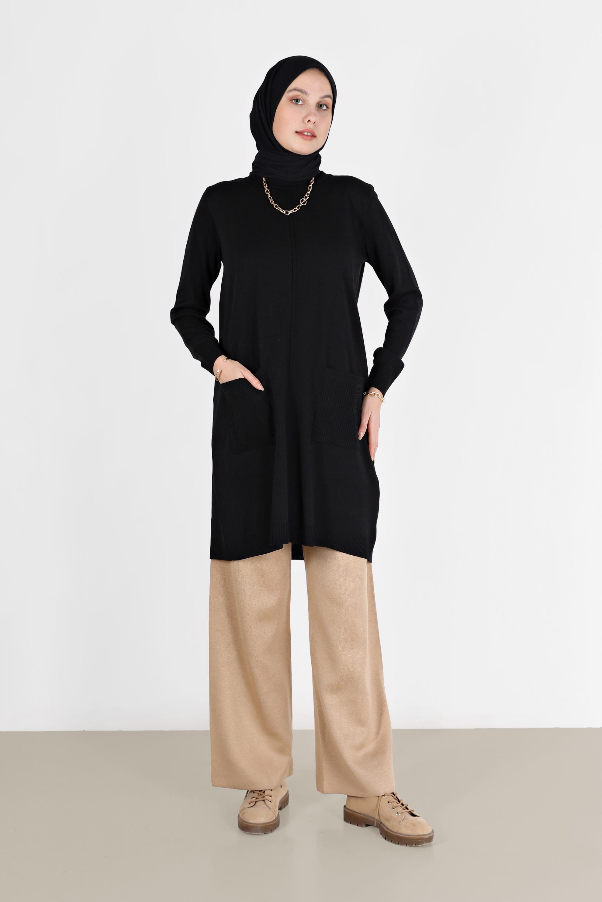 Tesettür giyim SİYAH CEP DETAYLI TRİKO TUNİK 42008 