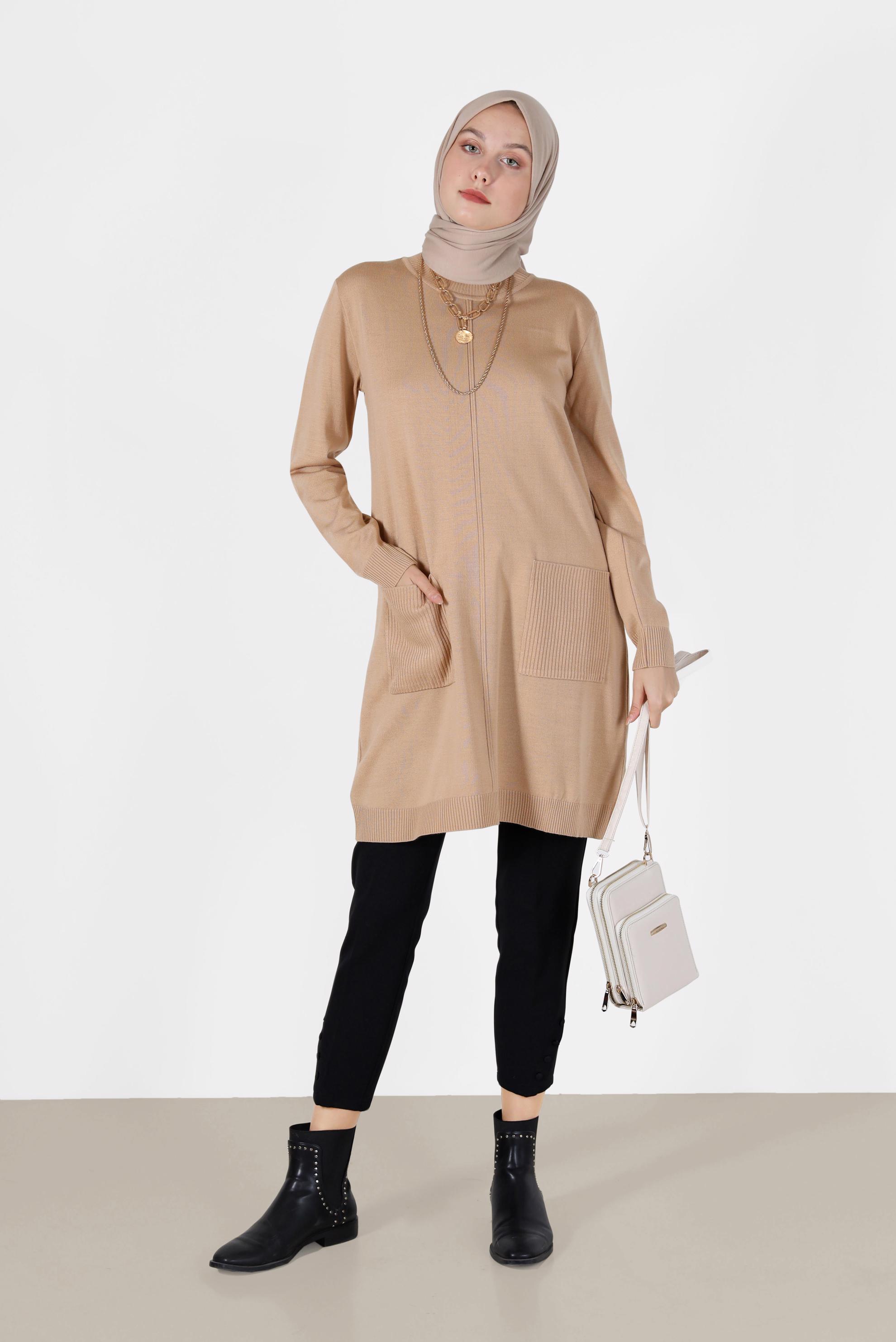 Tesettür giyim BEJ CEP DETAYLI TRİKO TUNİK 42008 