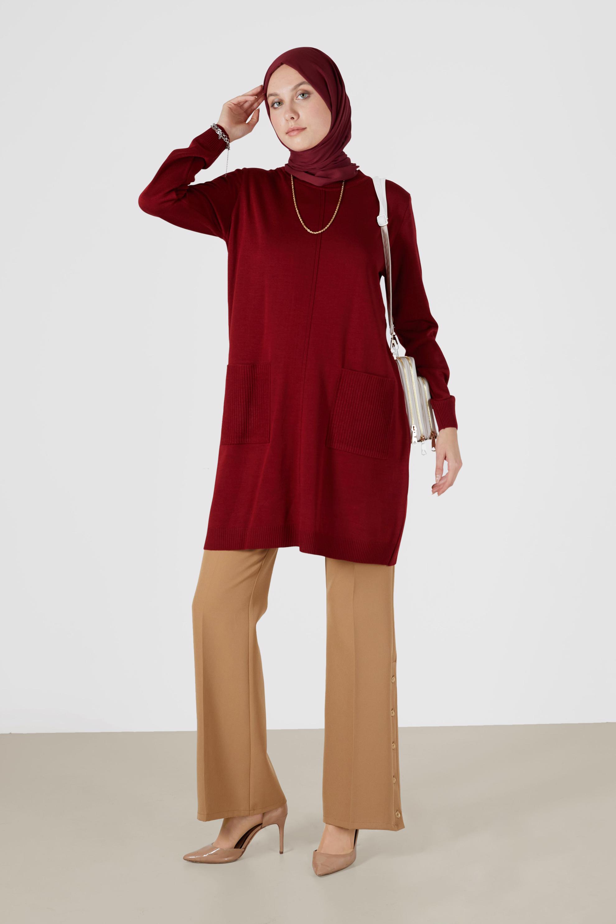 Tesettür giyim KIRMIZI CEP DETAYLI TRİKO TUNİK 42008 