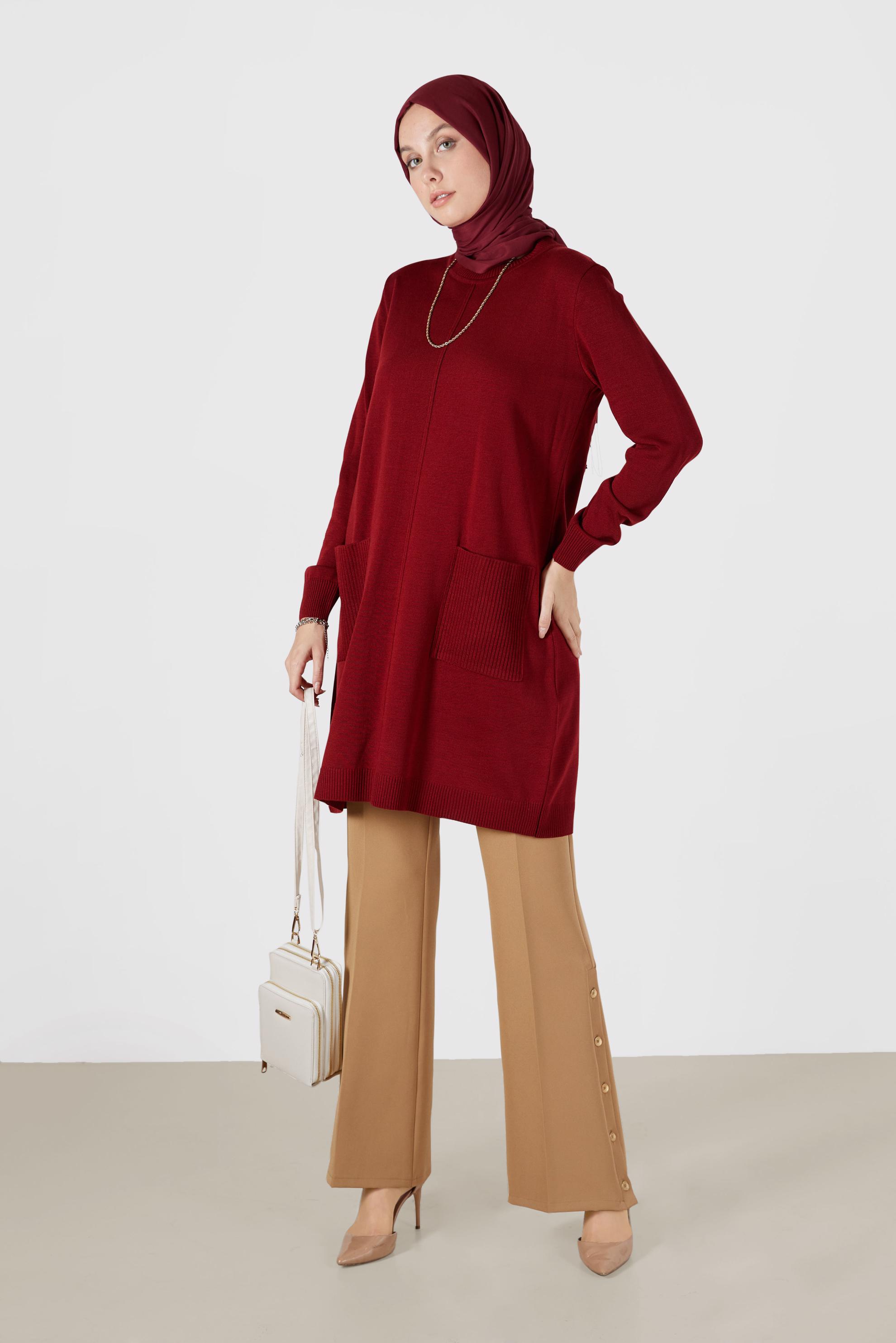 Tesettür giyim KIRMIZI CEP DETAYLI TRİKO TUNİK 42008 