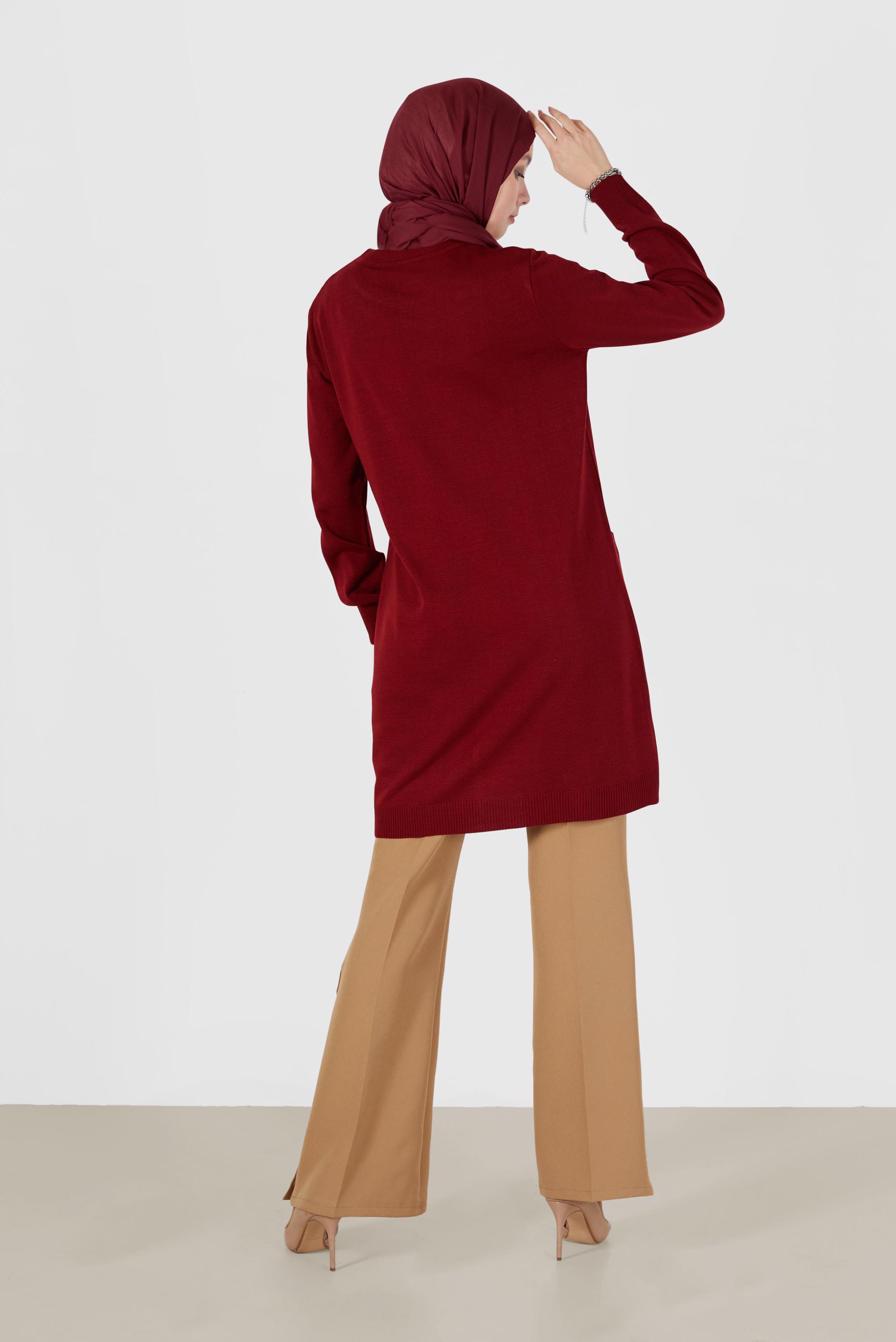 Tesettür giyim KIRMIZI CEP DETAYLI TRİKO TUNİK 42008 