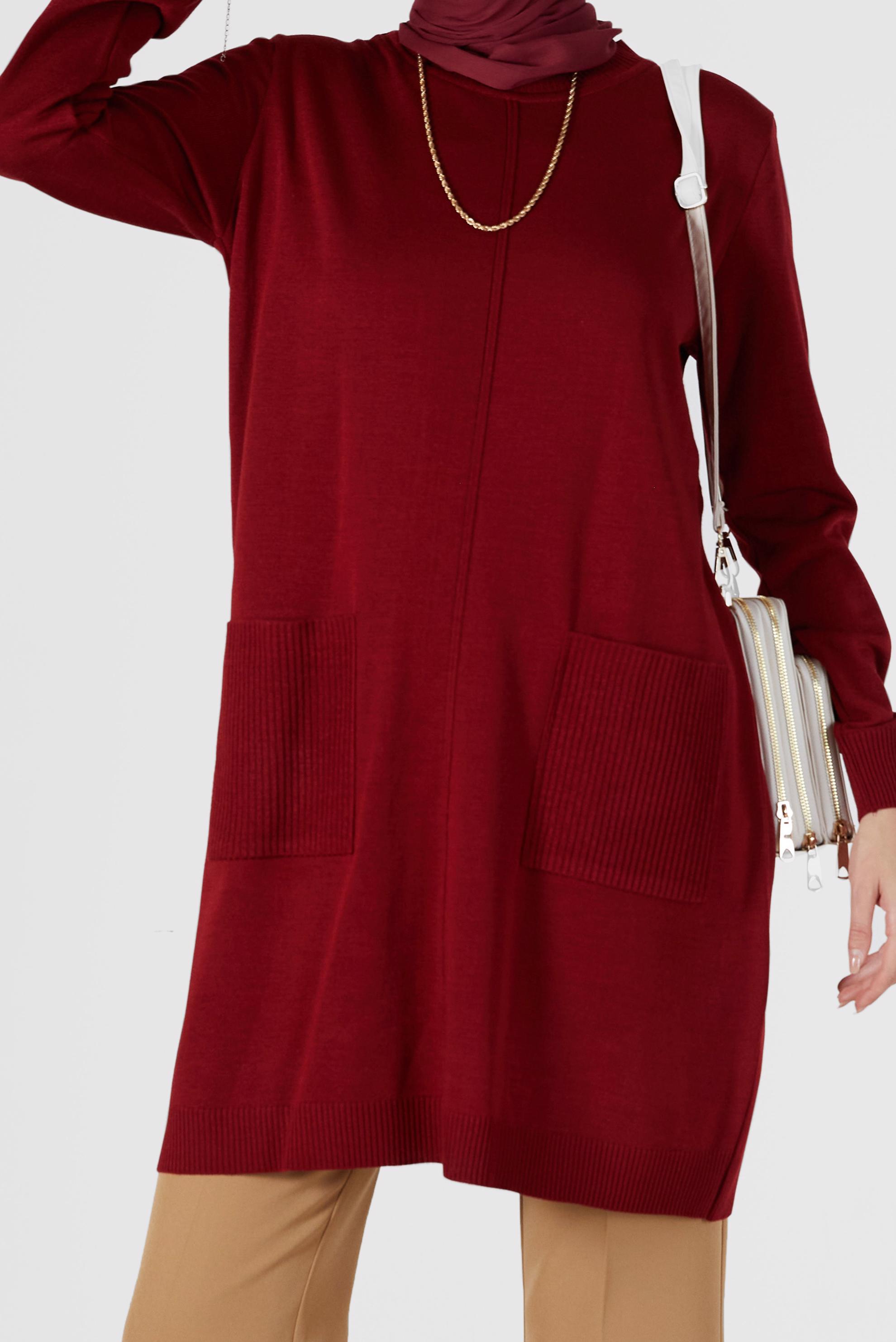 Tesettür giyim KIRMIZI CEP DETAYLI TRİKO TUNİK 42008 