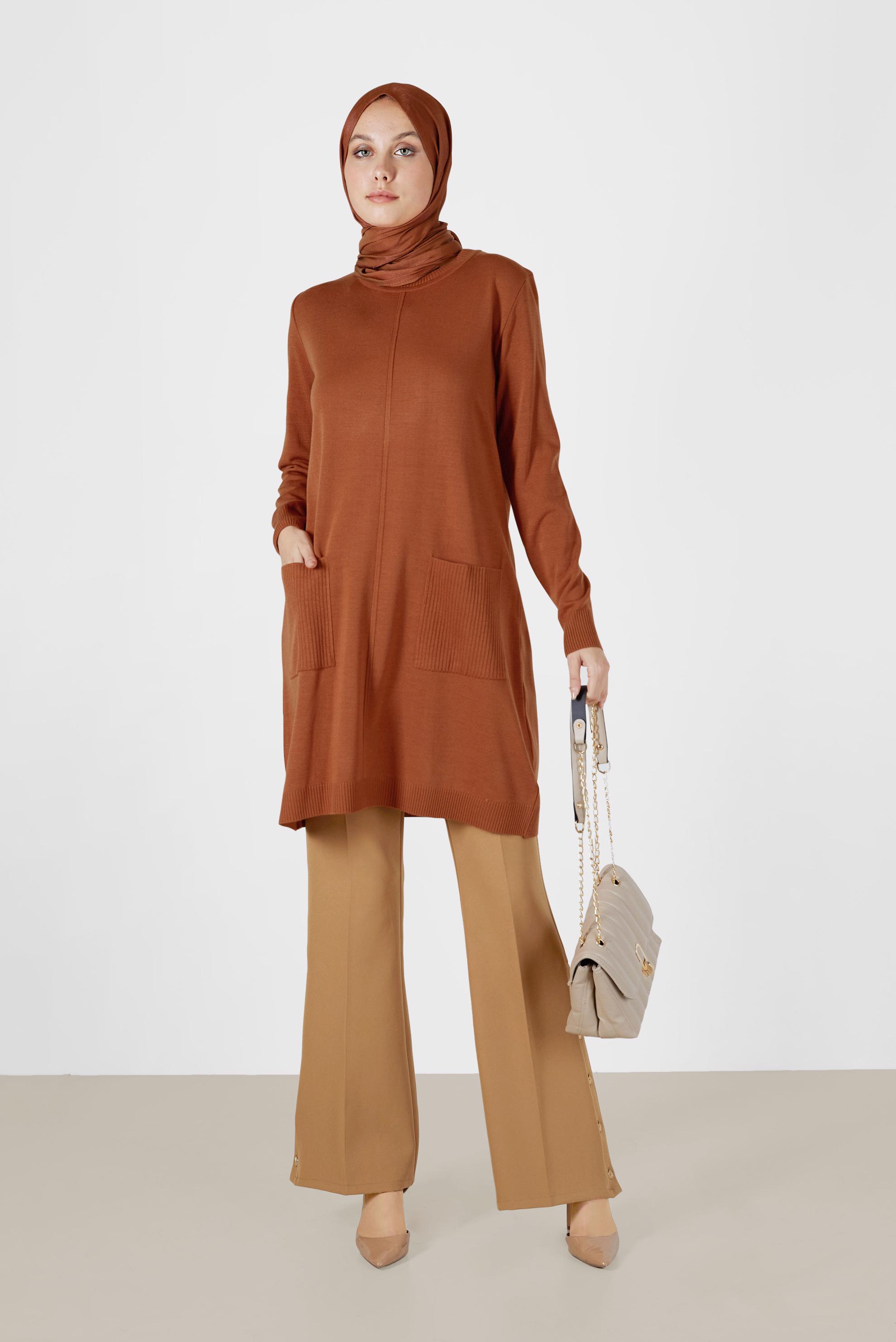 Tesettür giyim TURUNCU CEP DETAYLI TRİKO TUNİK 42008 