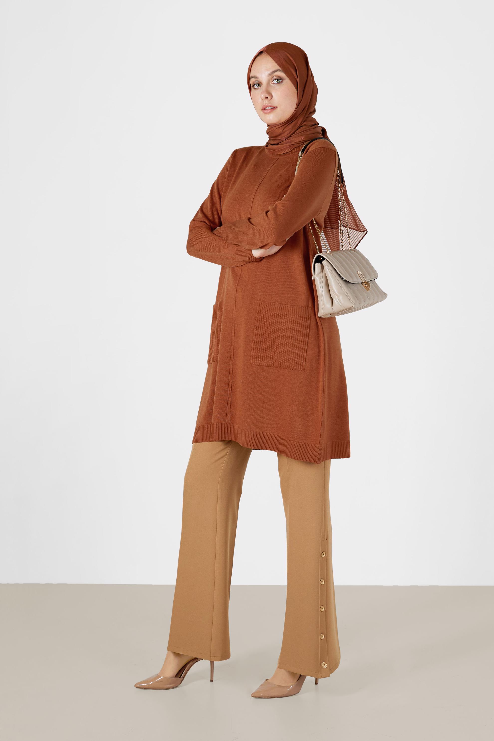 Tesettür giyim TURUNCU CEP DETAYLI TRİKO TUNİK 42008 