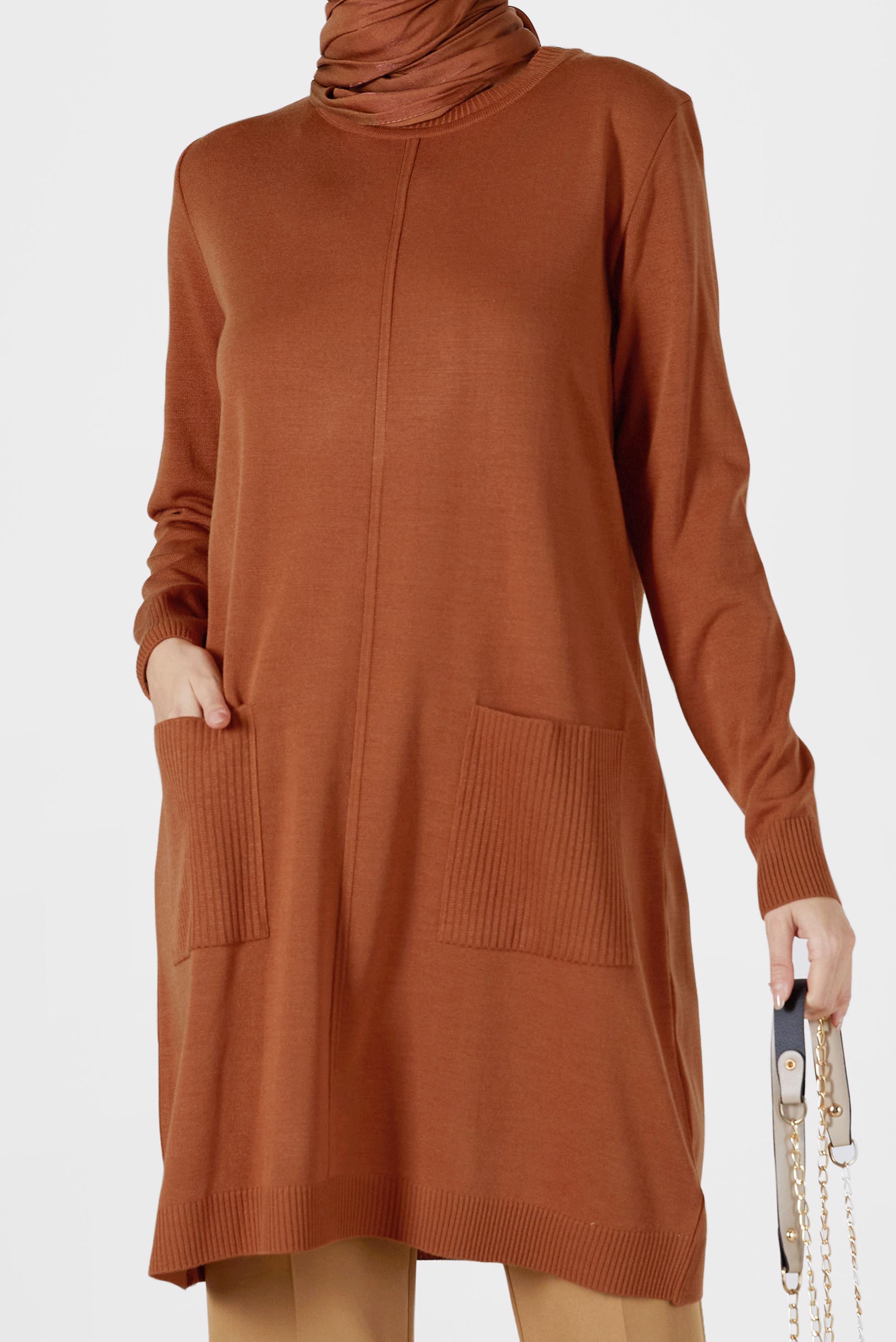 Tesettür giyim TURUNCU CEP DETAYLI TRİKO TUNİK 42008 