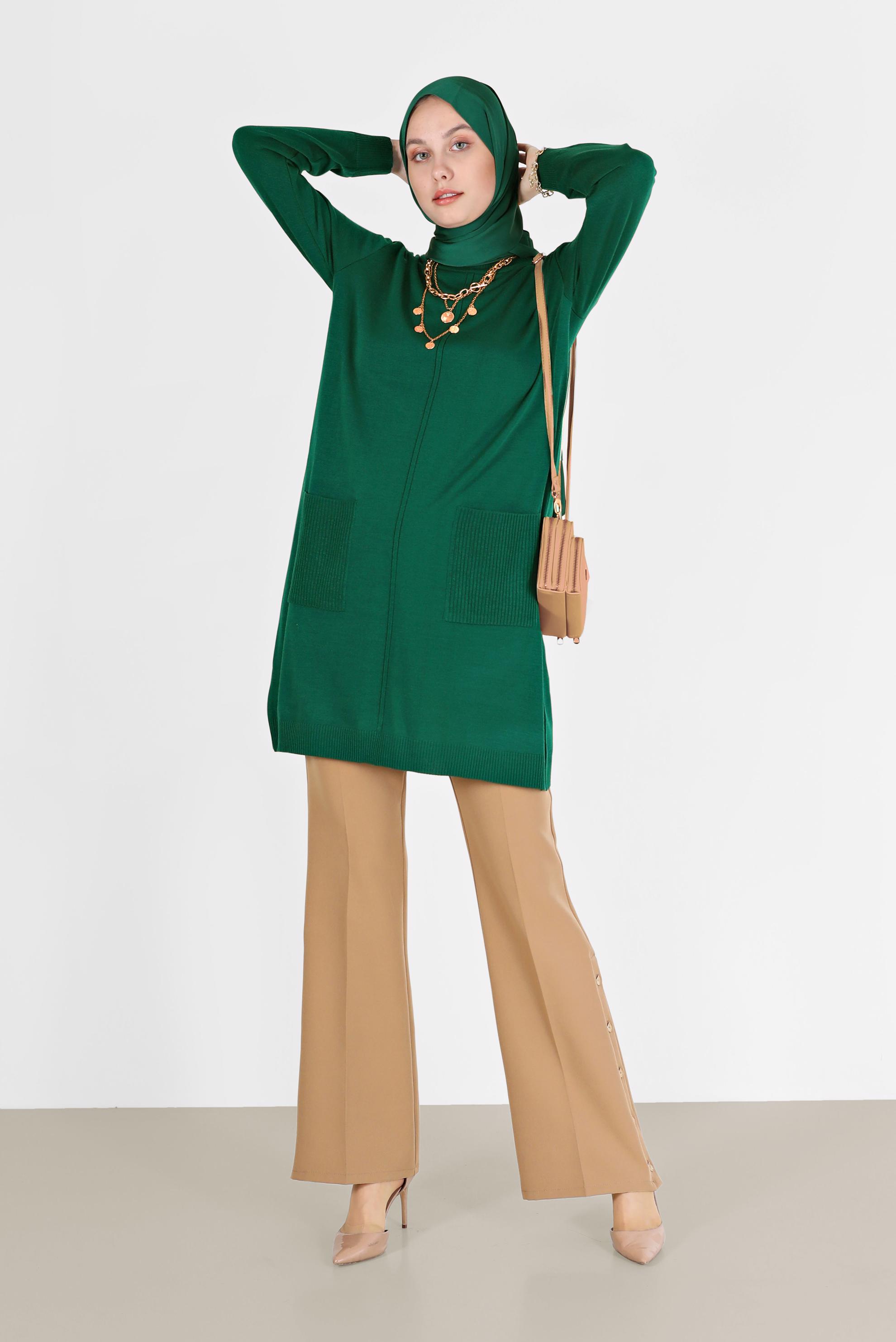 Tesettür giyim YEŞİL CEP DETAYLI TRİKO TUNİK 42008 