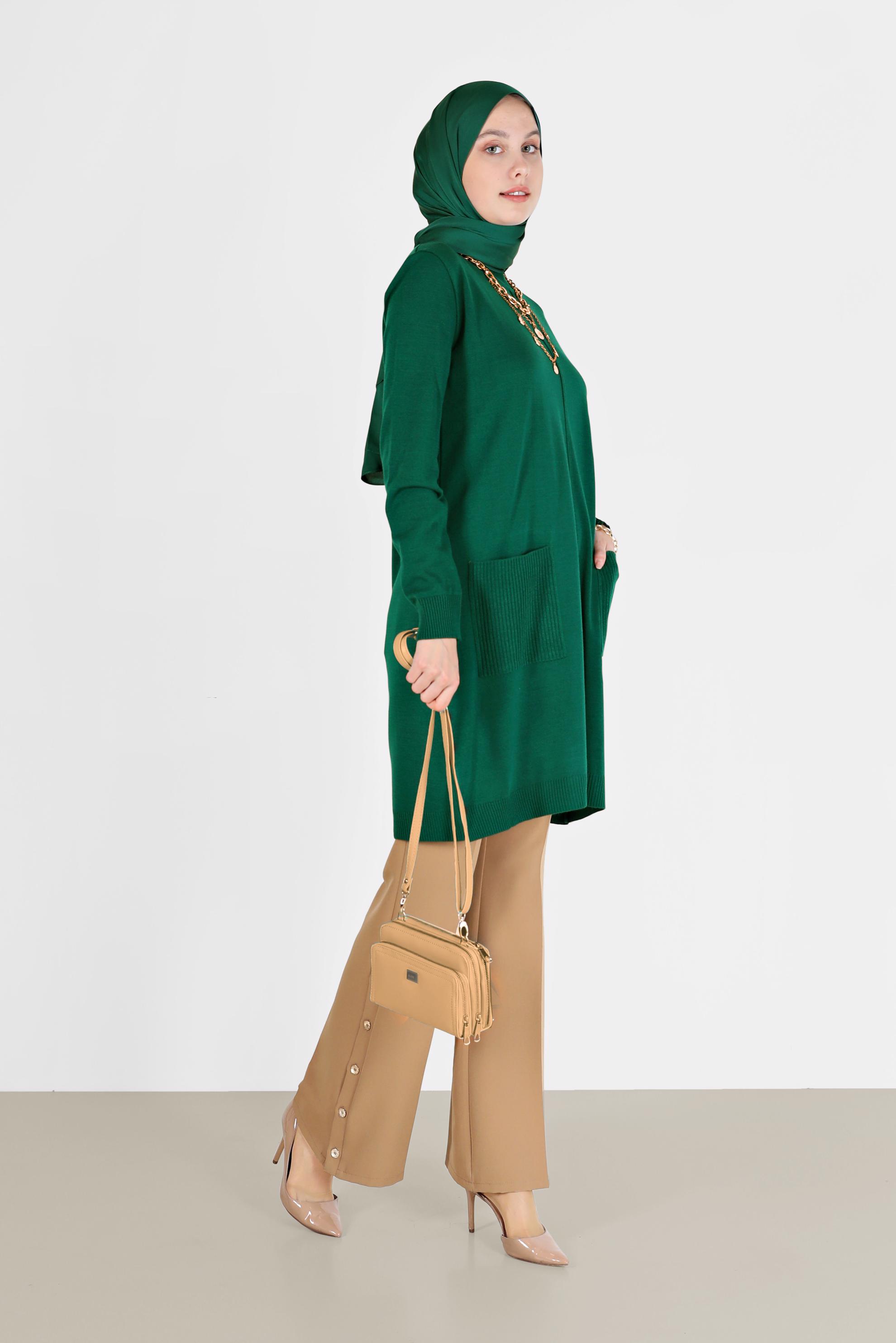 Tesettür giyim YEŞİL CEP DETAYLI TRİKO TUNİK 42008 
