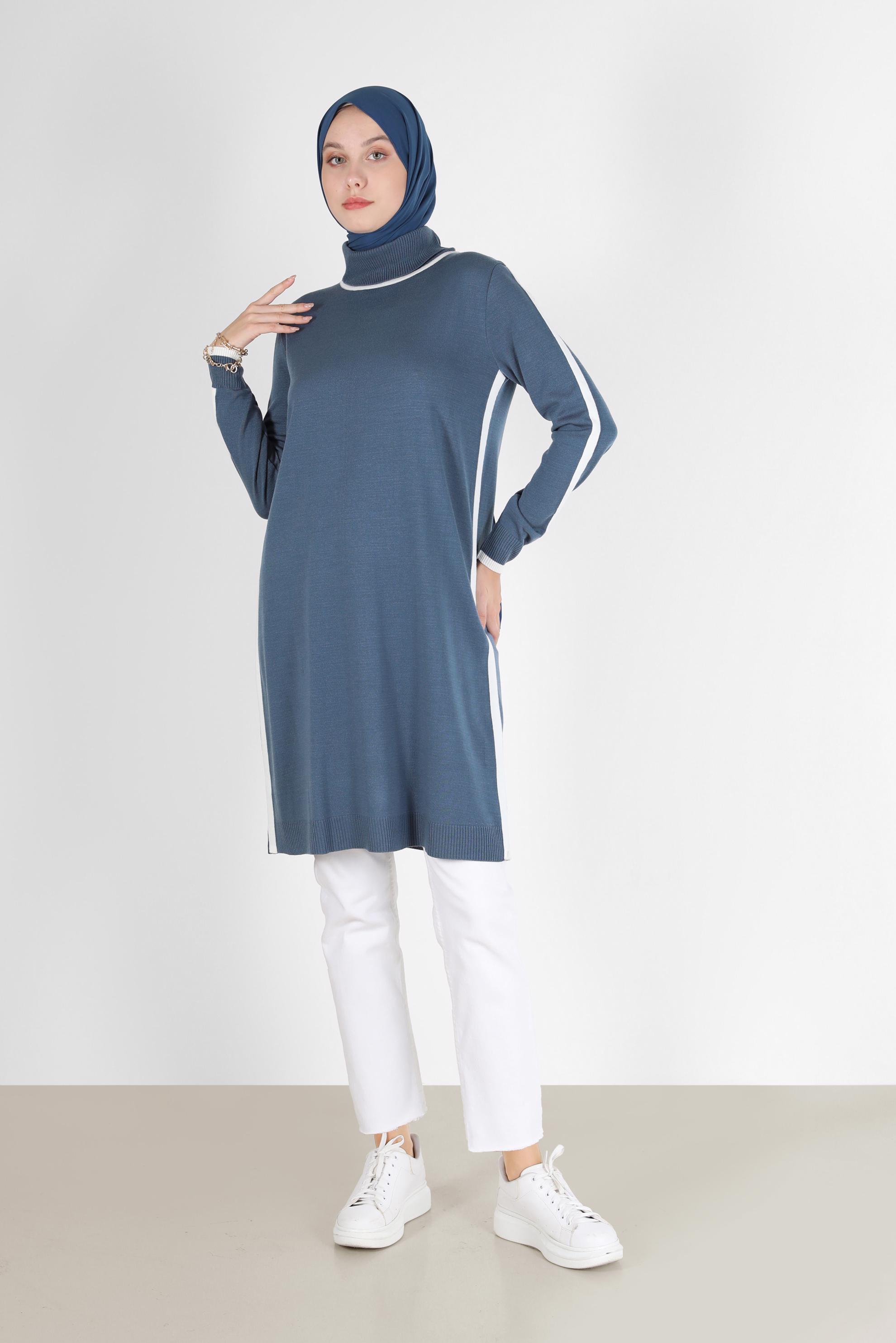 Hijab clothing NAVY BLUE STRIPE DETAIL KNITWEAR TUNIC 42009 