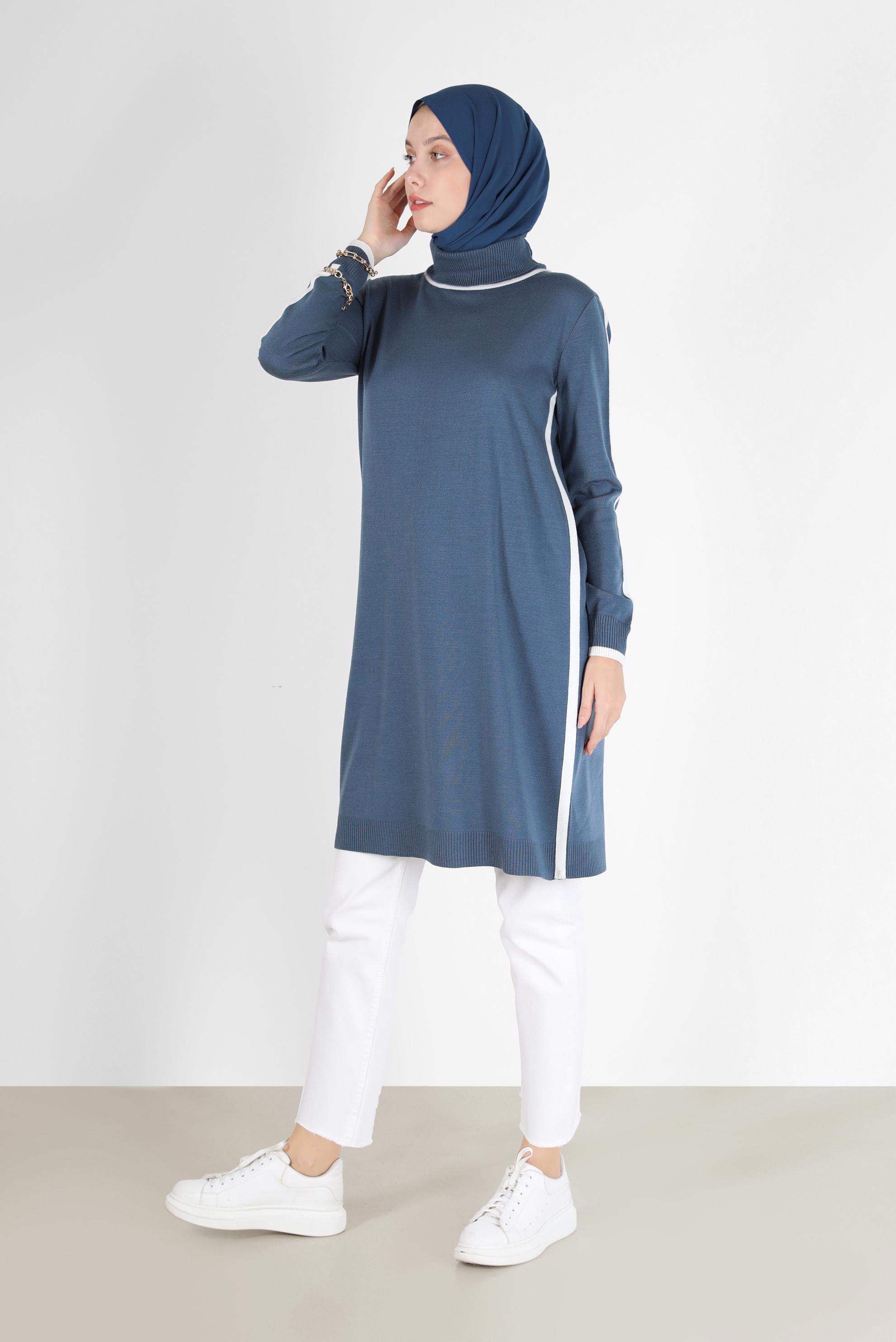 Hijab clothing NAVY BLUE STRIPE DETAIL KNITWEAR TUNIC 42009 