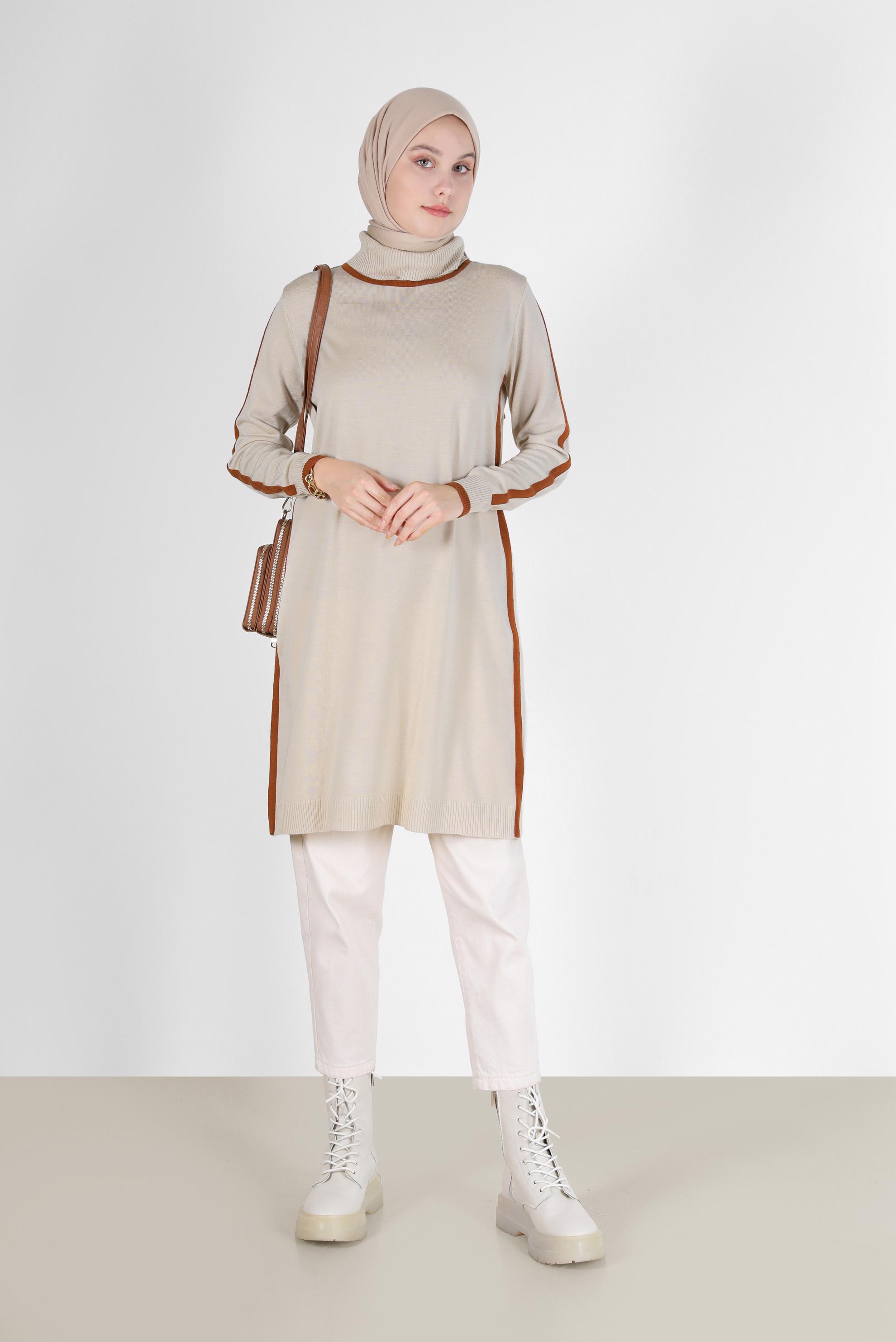 Hijab clothing BEIGE STRIPE DETAIL KNITWEAR TUNIC 42009 