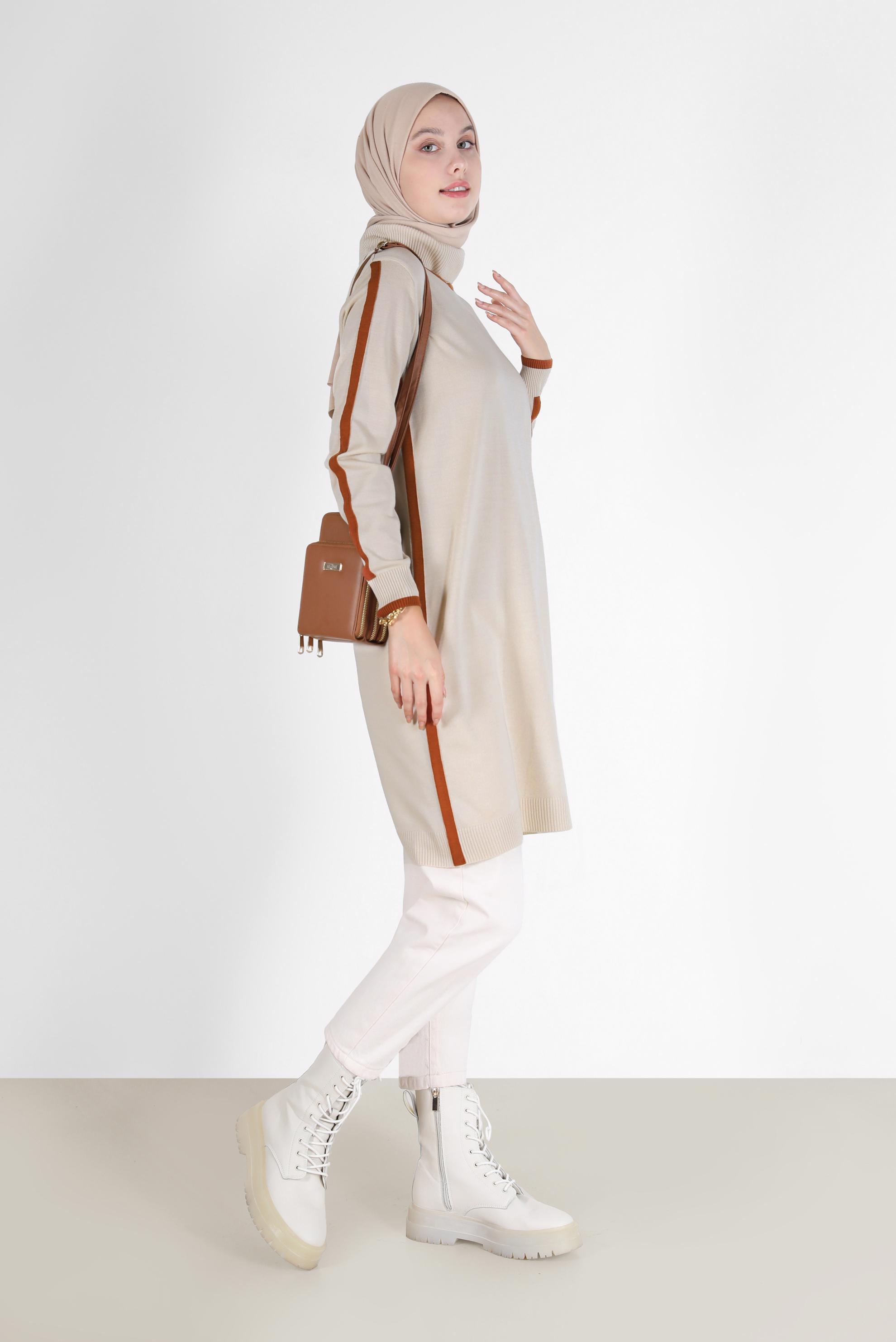 Hijab clothing BEIGE STRIPE DETAIL KNITWEAR TUNIC 42009 