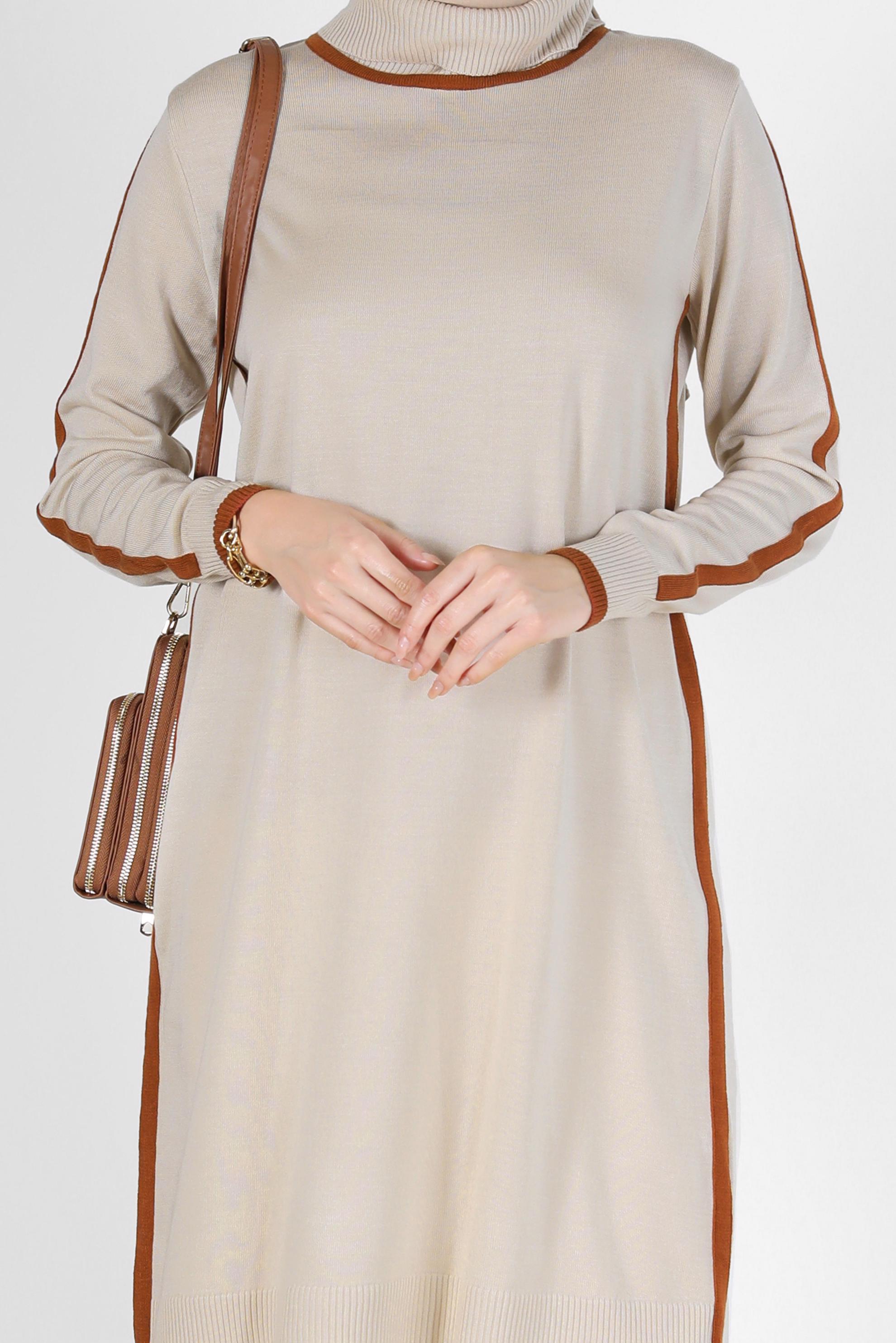 Hijab clothing BEIGE STRIPE DETAIL KNITWEAR TUNIC 42009 