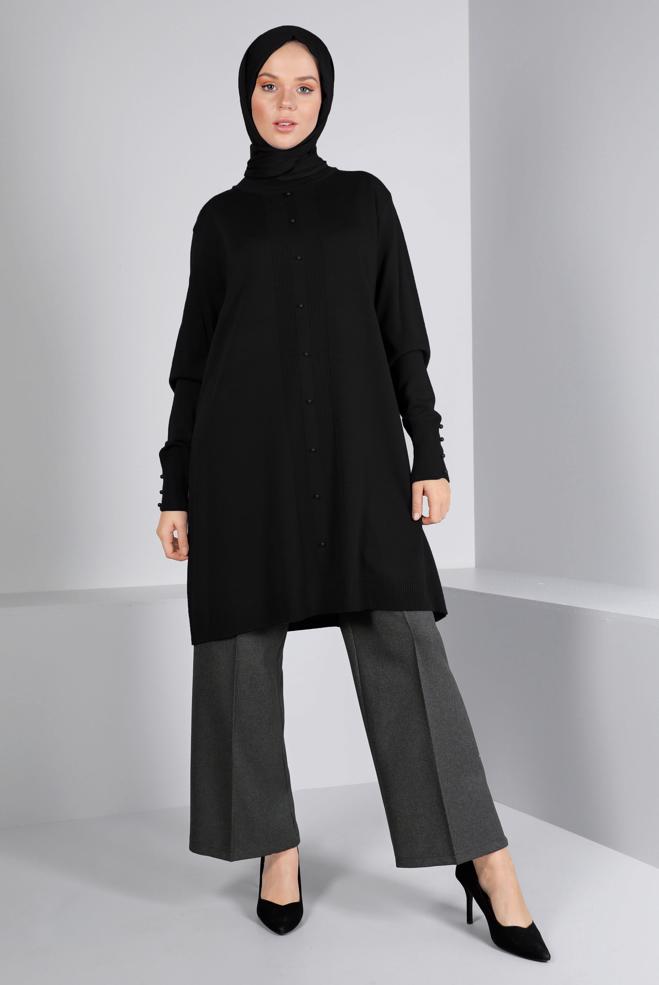 Vêtements hijab NOIR TUNIQUE EN MAILLE DÉTAIL PERLES 42010 - ALVİNA