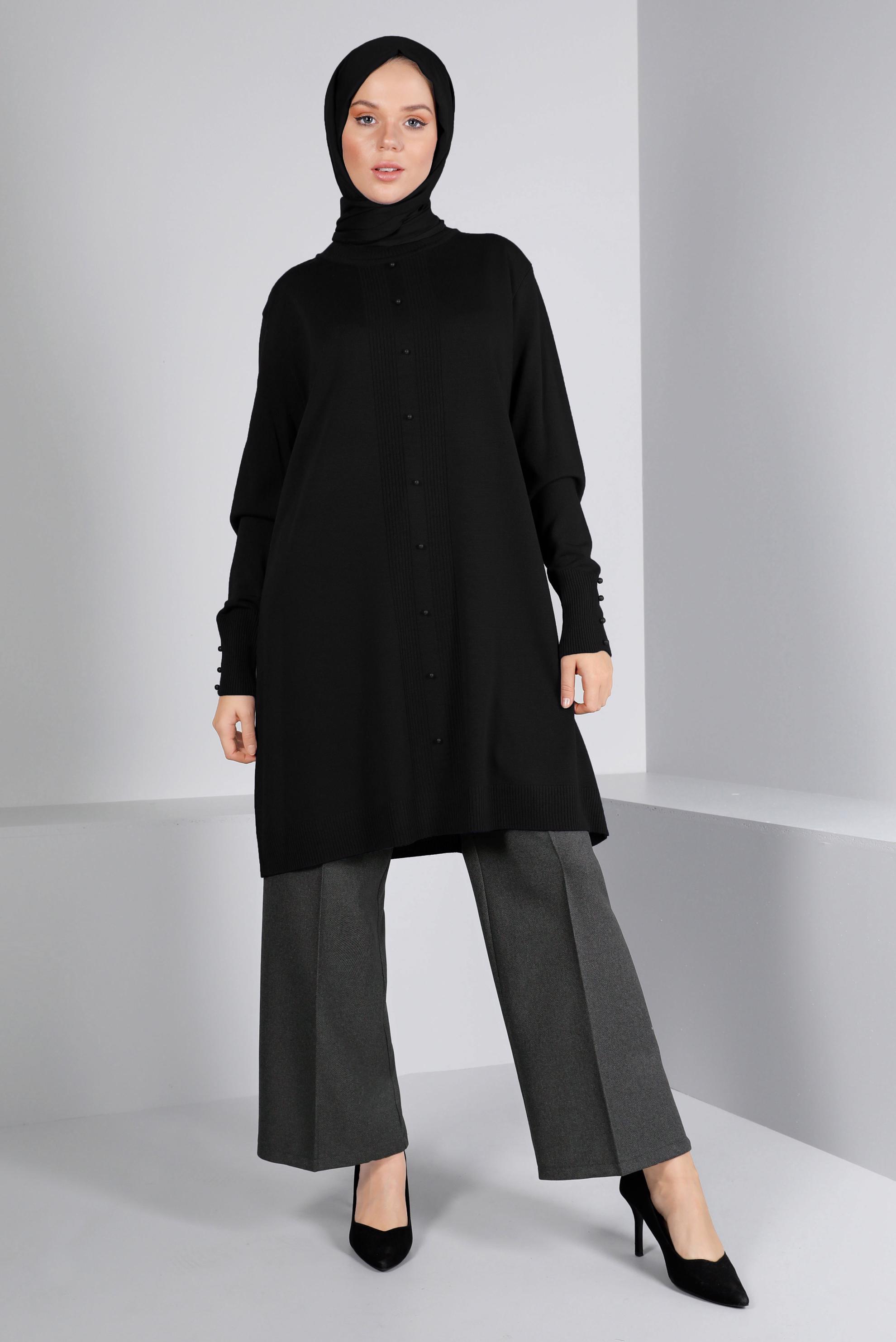 Vêtements hijab NOIR TUNIQUE EN MAILLE DÉTAIL PERLES 42010