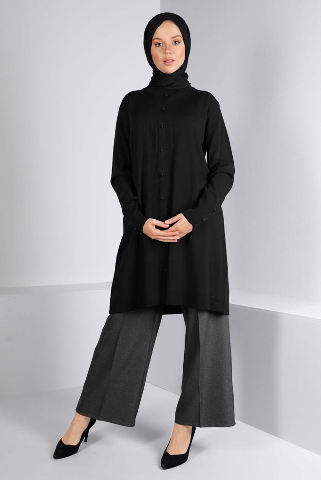 Vêtements hijab NOIR TUNIQUE EN MAILLE DÉTAIL PERLES 42010 - ALVİNA