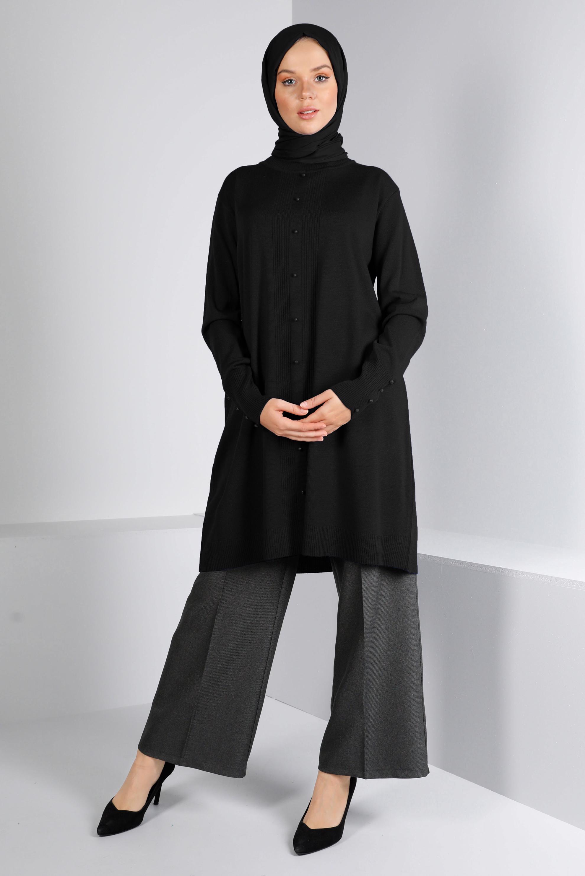 Vêtements hijab NOIR TUNIQUE EN MAILLE DÉTAIL PERLES 42010