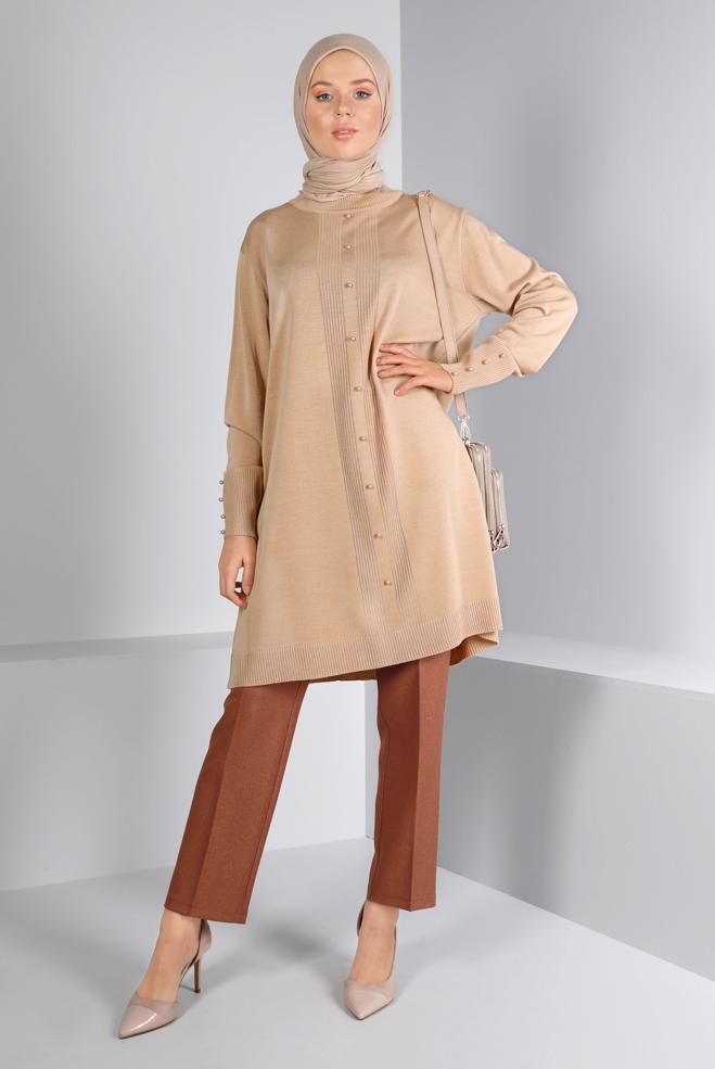 Vêtements hijab BEIGE TUNIQUE EN MAILLE DÉTAIL PERLES 42010 - ALVİNA