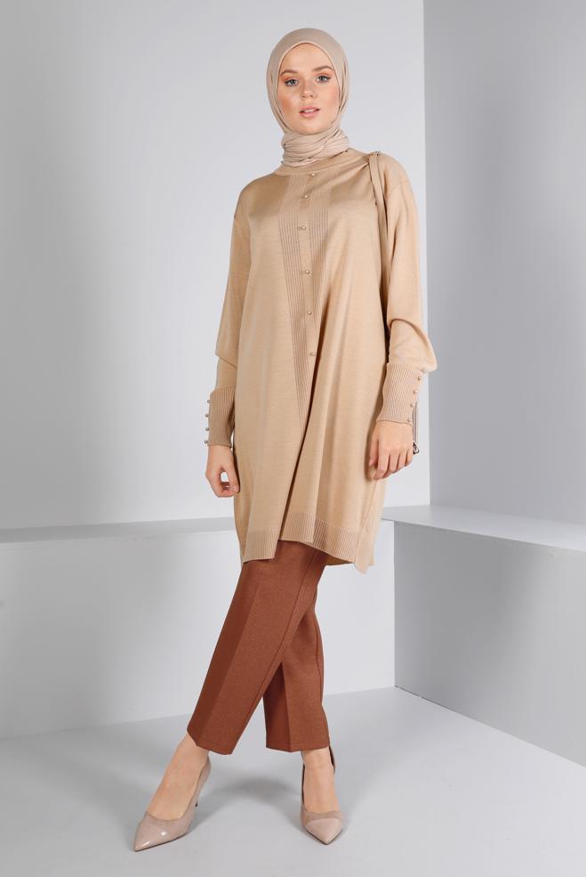 Vêtements hijab BEIGE TUNIQUE EN MAILLE DÉTAIL PERLES 42010 - ALVİNA