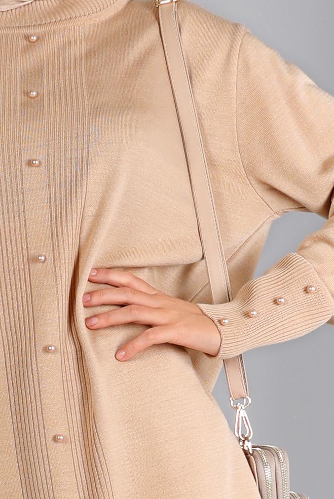Vêtements hijab BEIGE TUNIQUE EN MAILLE DÉTAIL PERLES 42010 - ALVİNA