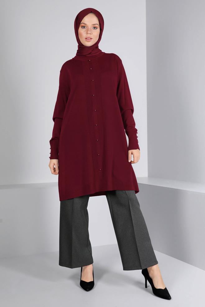 Vêtements hijab ROUGE TUNIQUE EN MAILLE DÉTAIL PERLES 42010 - ALVİNA