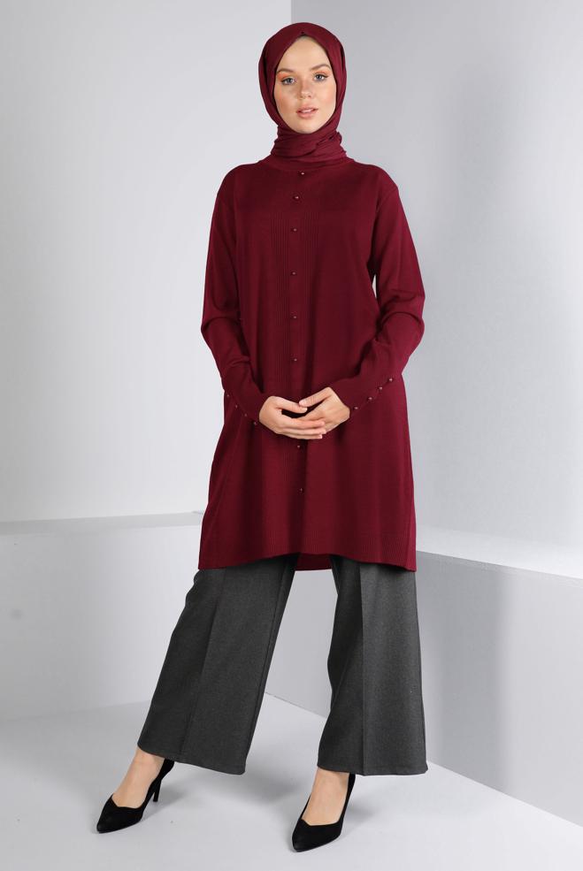 Vêtements hijab ROUGE TUNIQUE EN MAILLE DÉTAIL PERLES 42010 - ALVİNA
