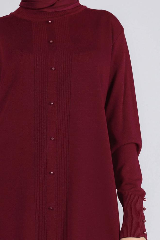 Vêtements hijab ROUGE TUNIQUE EN MAILLE DÉTAIL PERLES 42010 - ALVİNA