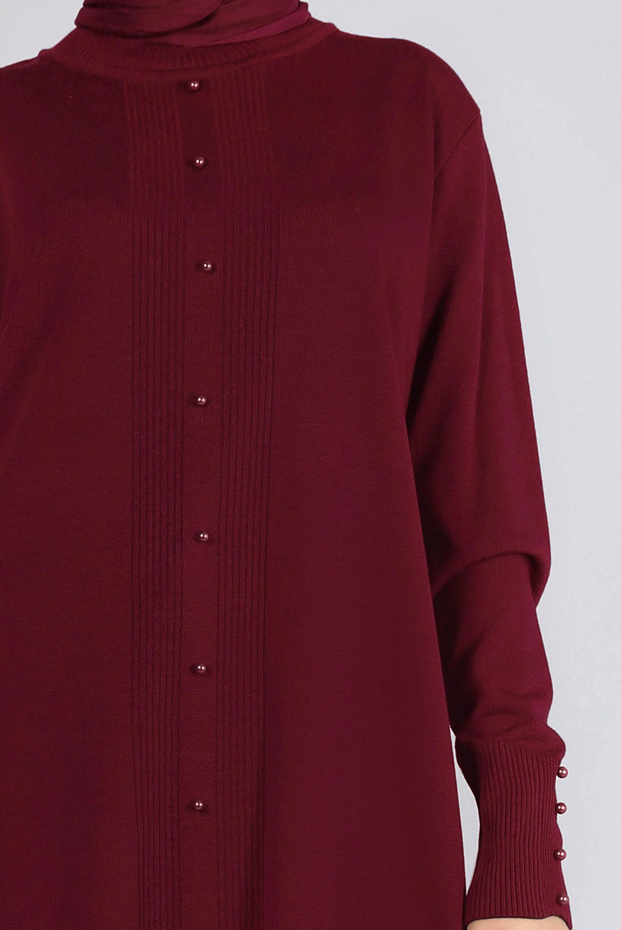 Tesettür giyim KIRMIZI BONCUK DETAYLI TRİKO TUNİK 42010 