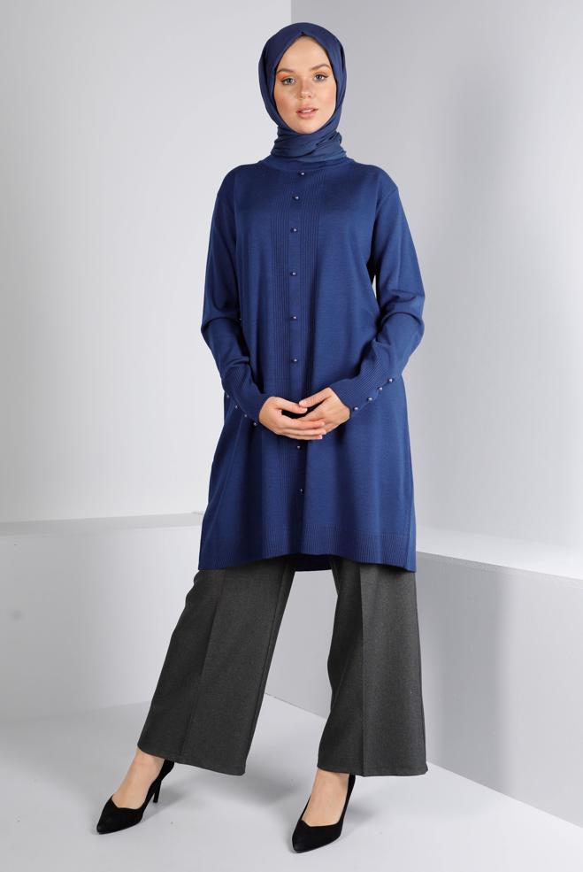 Vêtements hijab BLEU MARINE TUNIQUE EN MAILLE DÉTAIL PERLES 42010 - ALVİNA