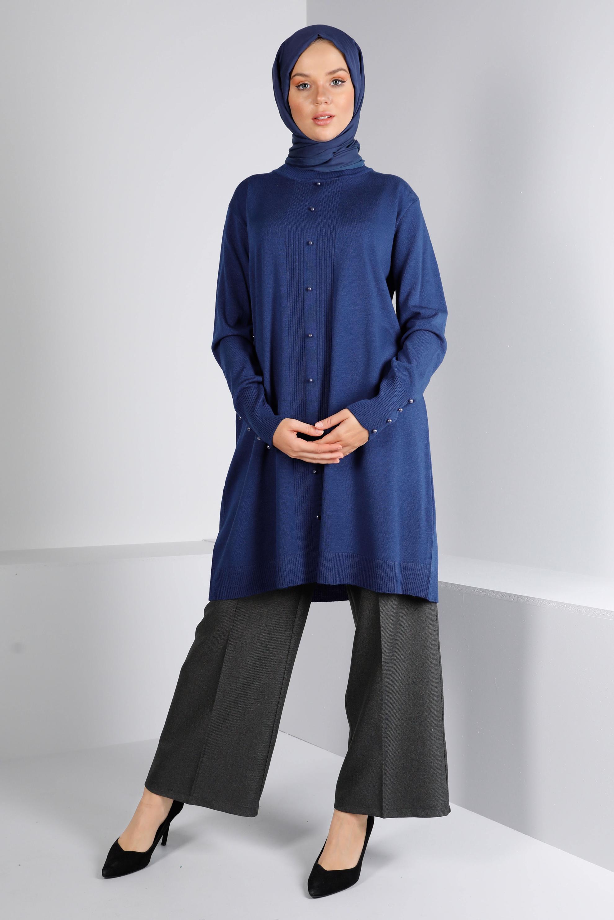 Tesettür giyim LACİVERT BONCUK DETAYLI TRİKO TUNİK 42010 
