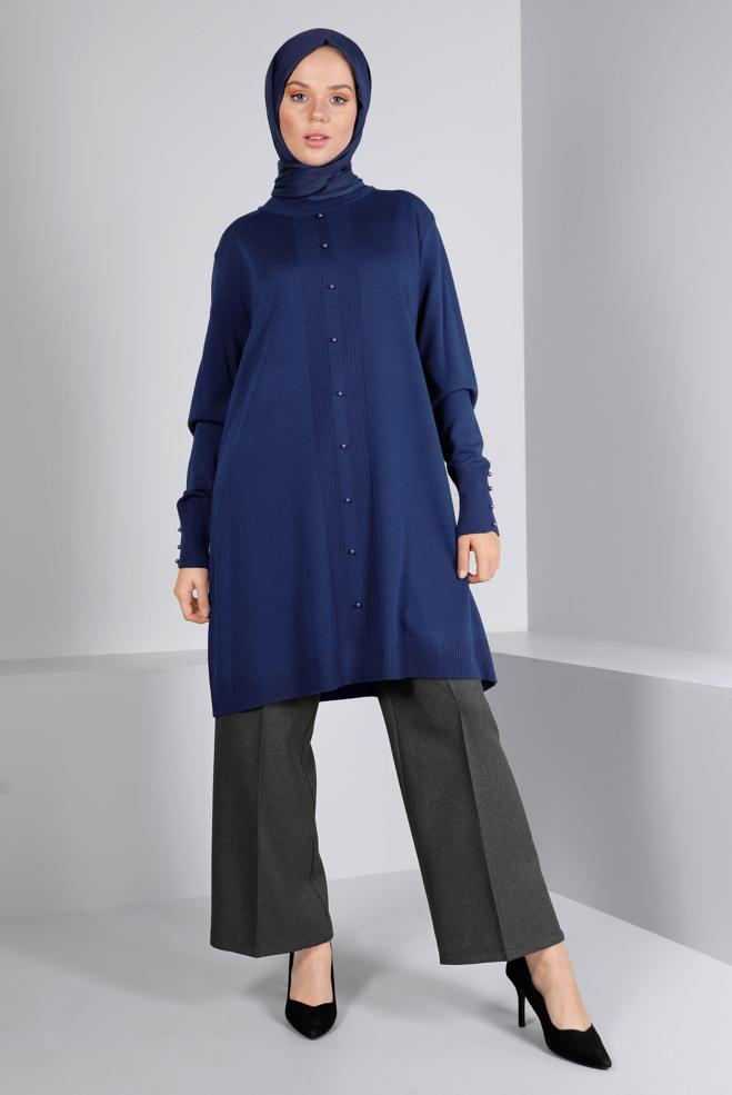 Vêtements hijab BLEU MARINE TUNIQUE EN MAILLE DÉTAIL PERLES 42010 - ALVİNA