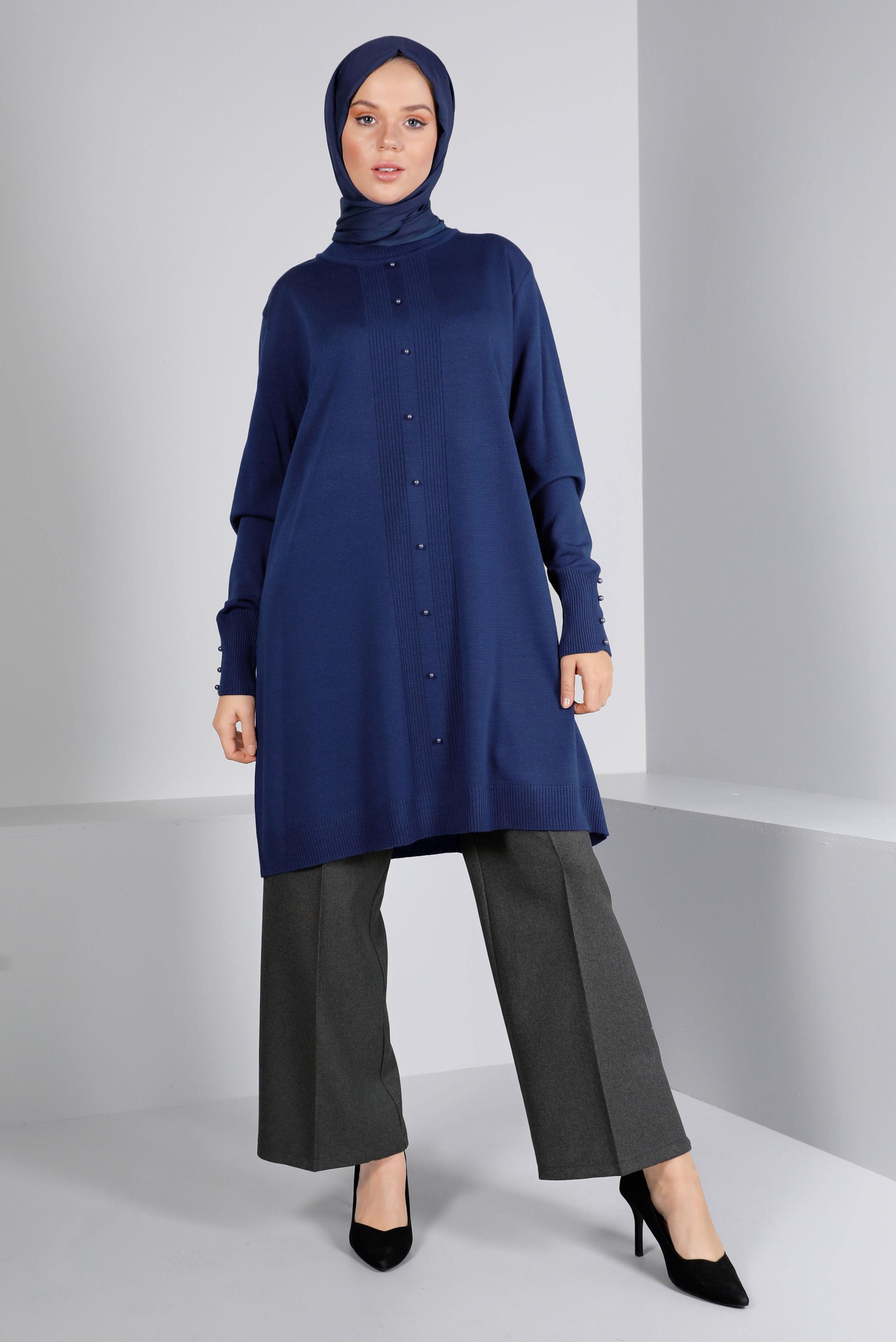Tesettür giyim LACİVERT BONCUK DETAYLI TRİKO TUNİK 42010 