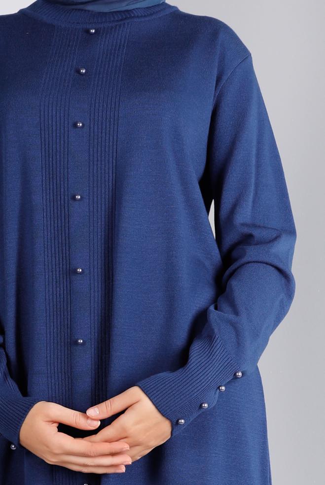 Vêtements hijab BLEU MARINE TUNIQUE EN MAILLE DÉTAIL PERLES 42010 - ALVİNA