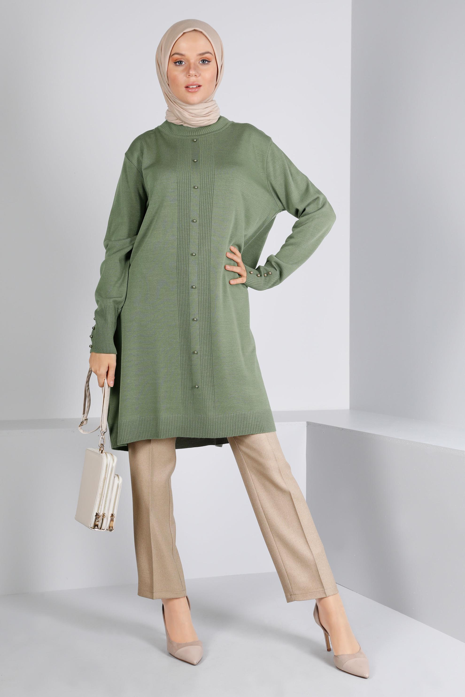 Hijab clothing GREEN BEAD DETAIL KNITWEAR TUNIC 42010