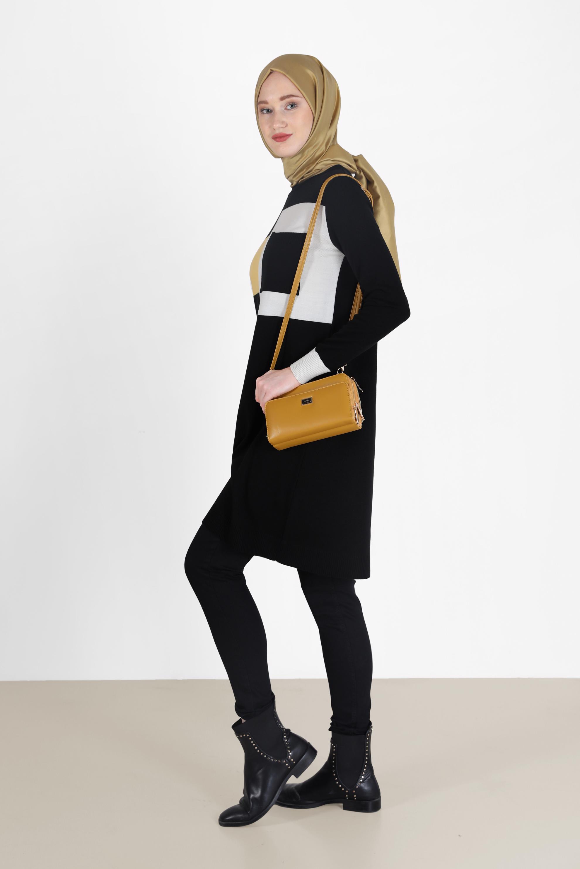 Hijab clothing BLACK GEOMETRIC PATTERN DETAIL KNITWEAR TUNIC 42011  