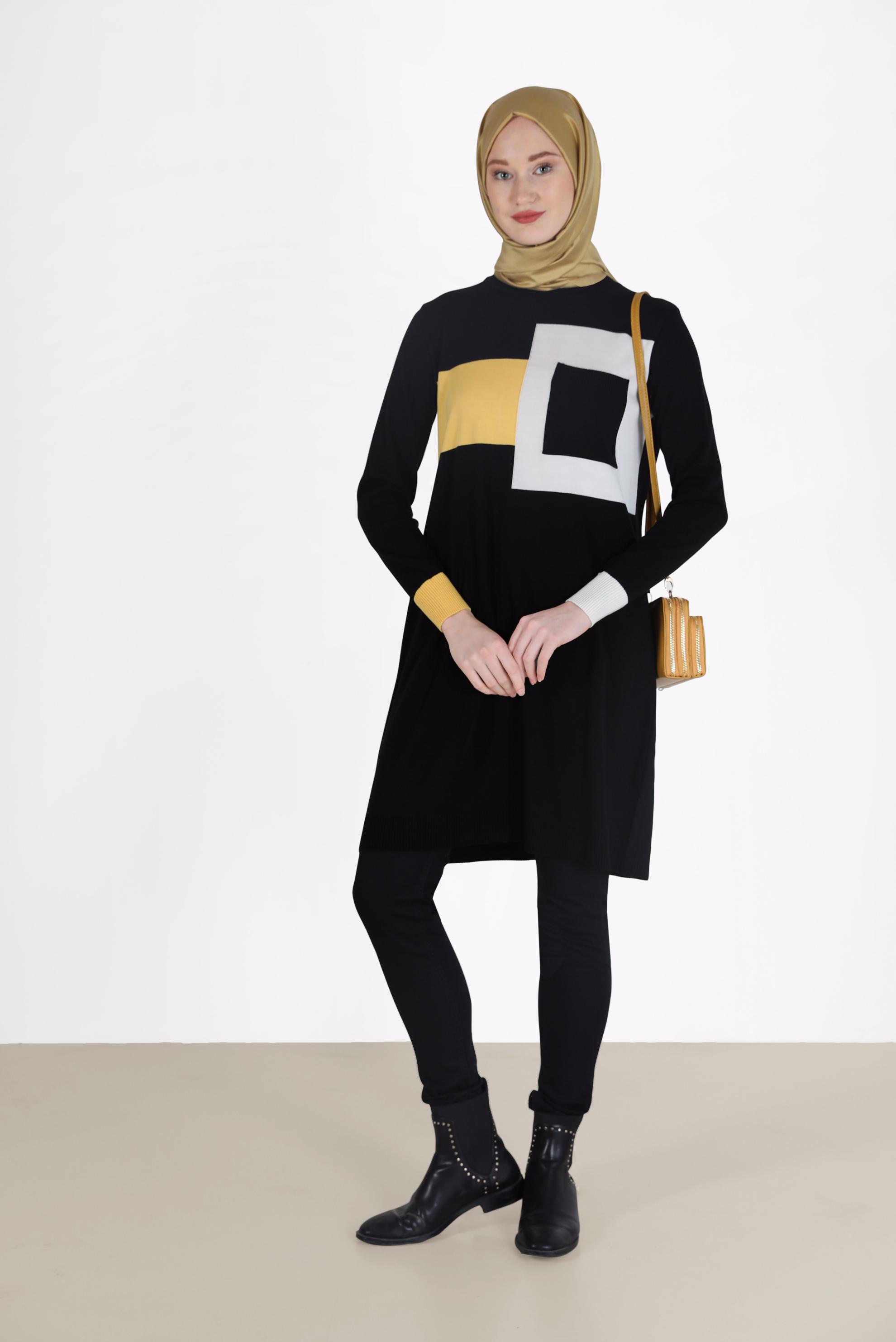 Hijab clothing BLACK GEOMETRIC PATTERN DETAIL KNITWEAR TUNIC 42011  