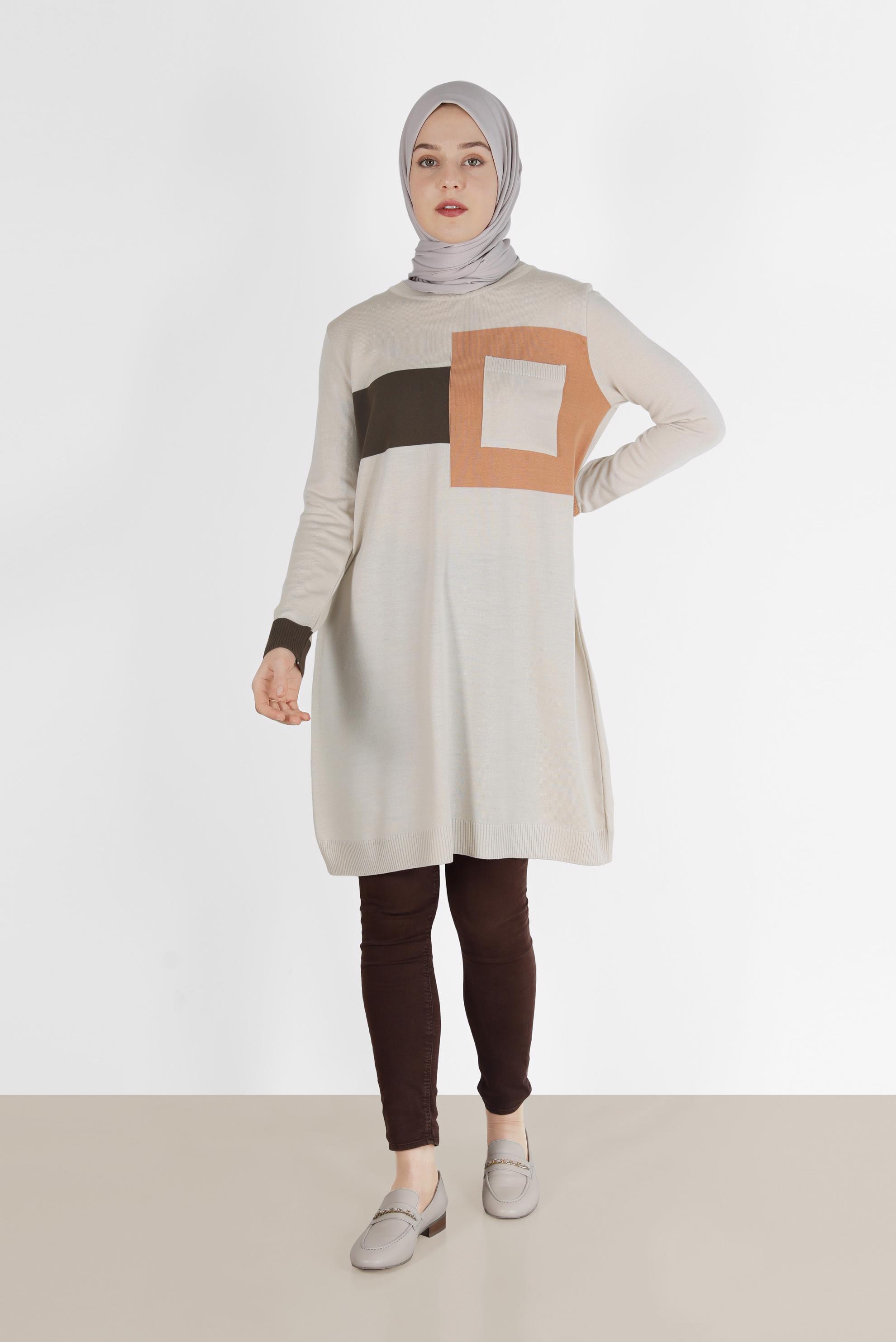 Tesettür giyim BEJ GEOMETRİK ŞEKİL DETAYLI TRİKO TUNİK 42011	