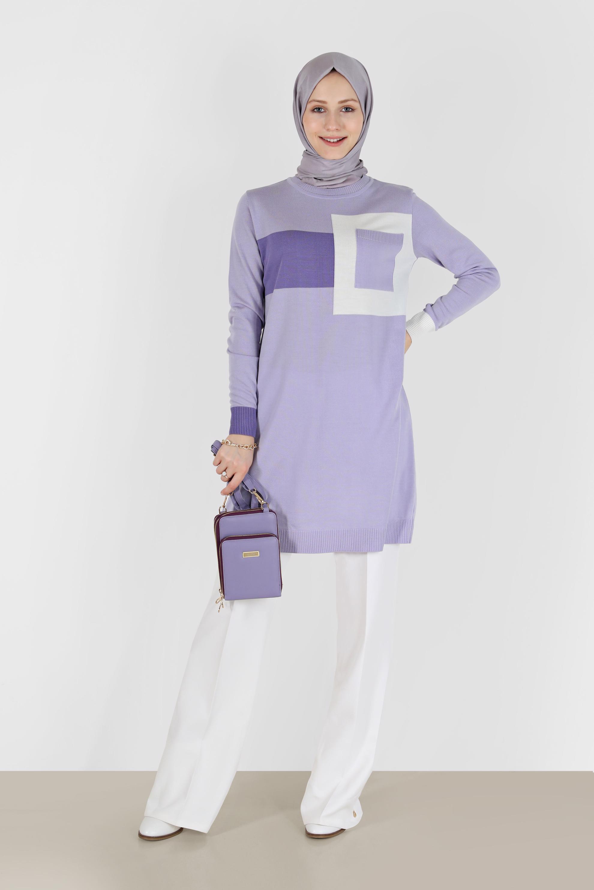 Tesettür giyim MOR GEOMETRİK ŞEKİL DETAYLI TRİKO TUNİK 42011	