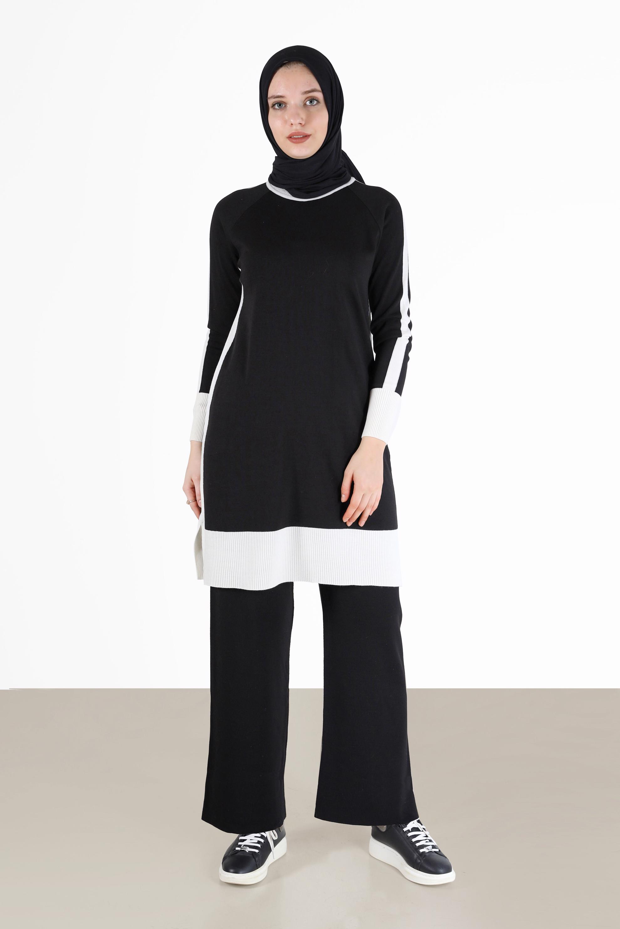 Tesettür giyim SİYAH İKİ RENKLİ TRİKO TUNİK 42012 
